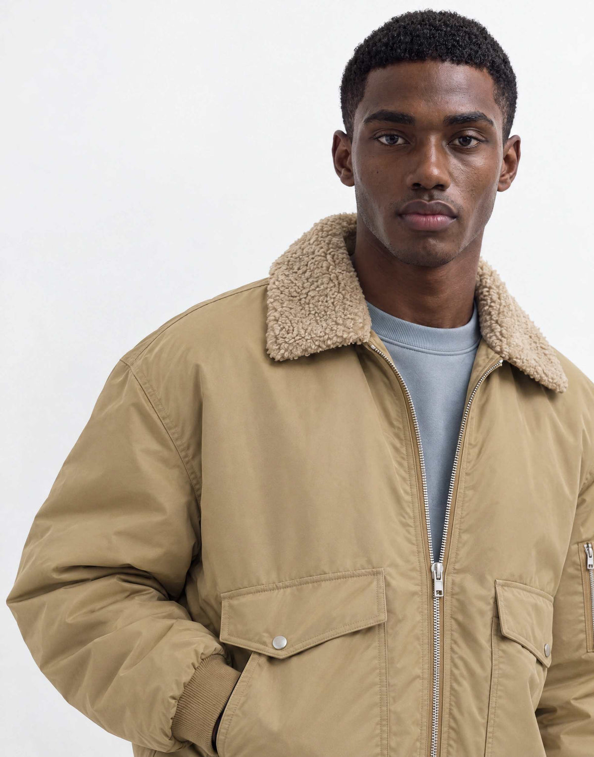 Topman oversized fit nylon bomber with shearling collar in stone