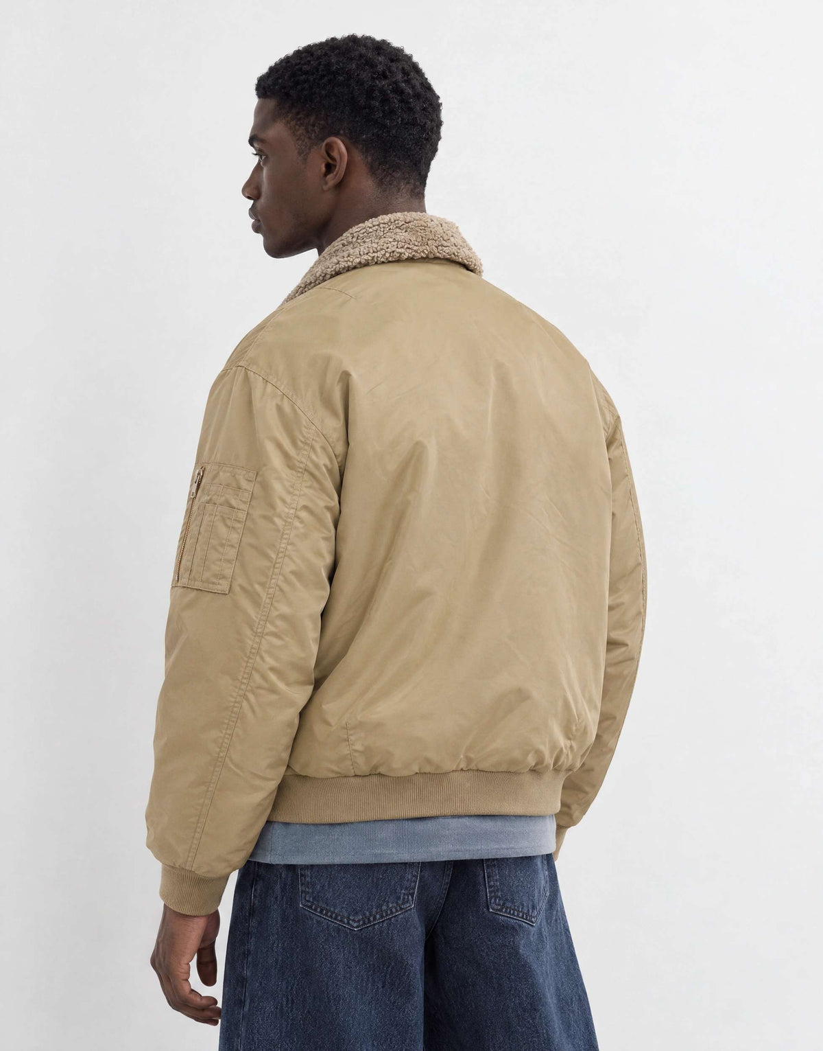 Topman oversized fit nylon bomber with shearling collar in stone