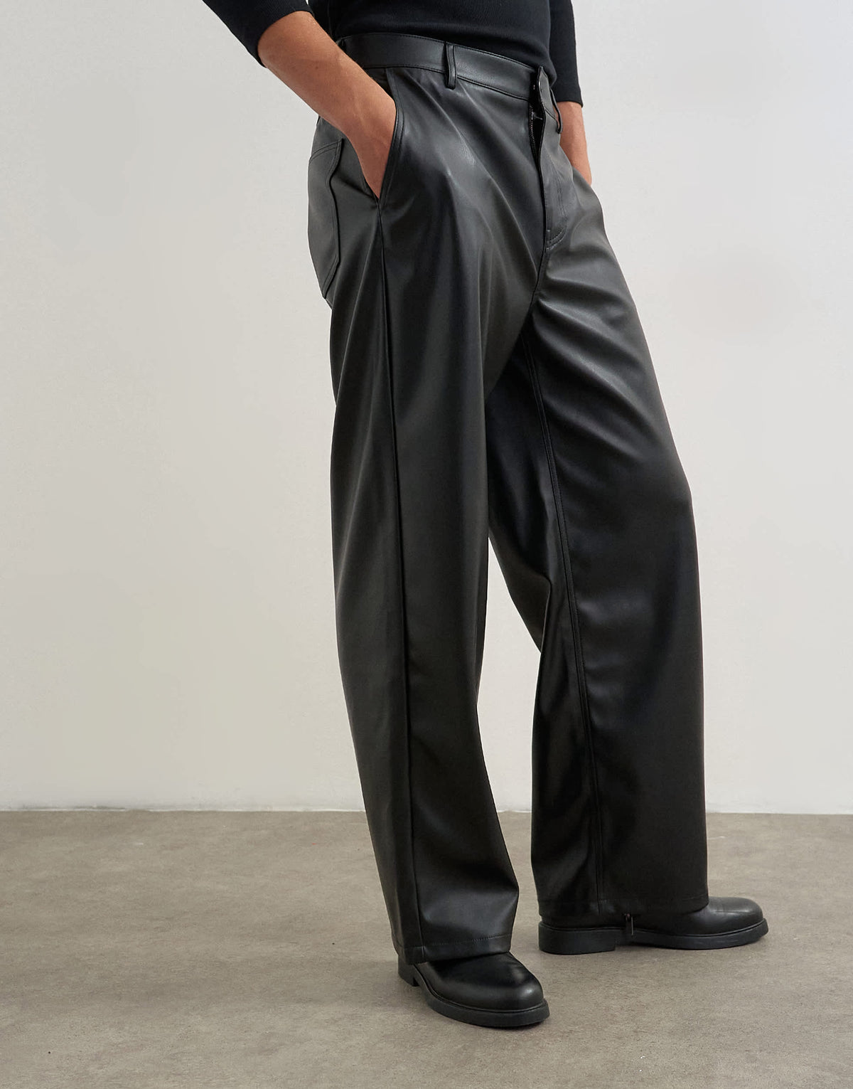 Topman baggy fit faux leather trouser in black