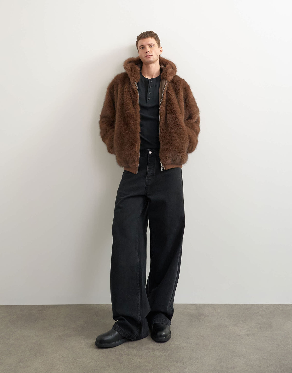Topman oversized fit faux fur hooded jacket in brown