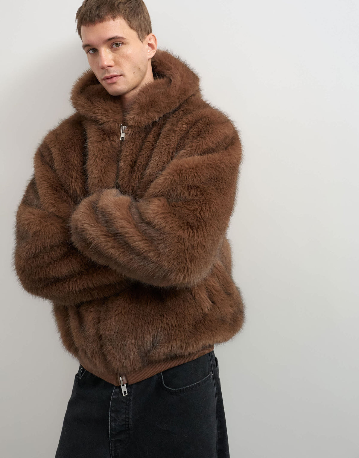 Topman oversized fit faux fur hooded jacket in brown