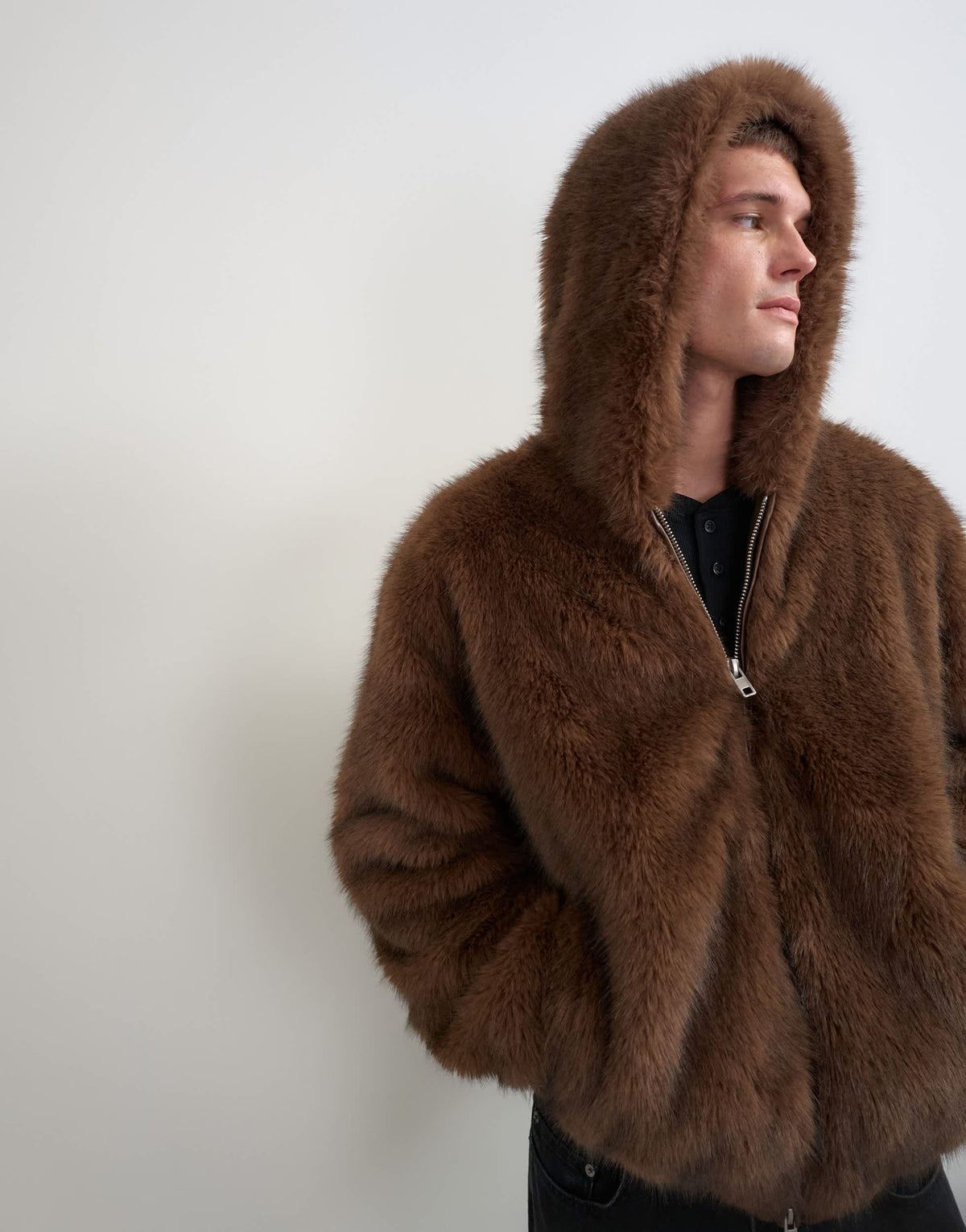Topman oversized fit faux fur hooded jacket in brown