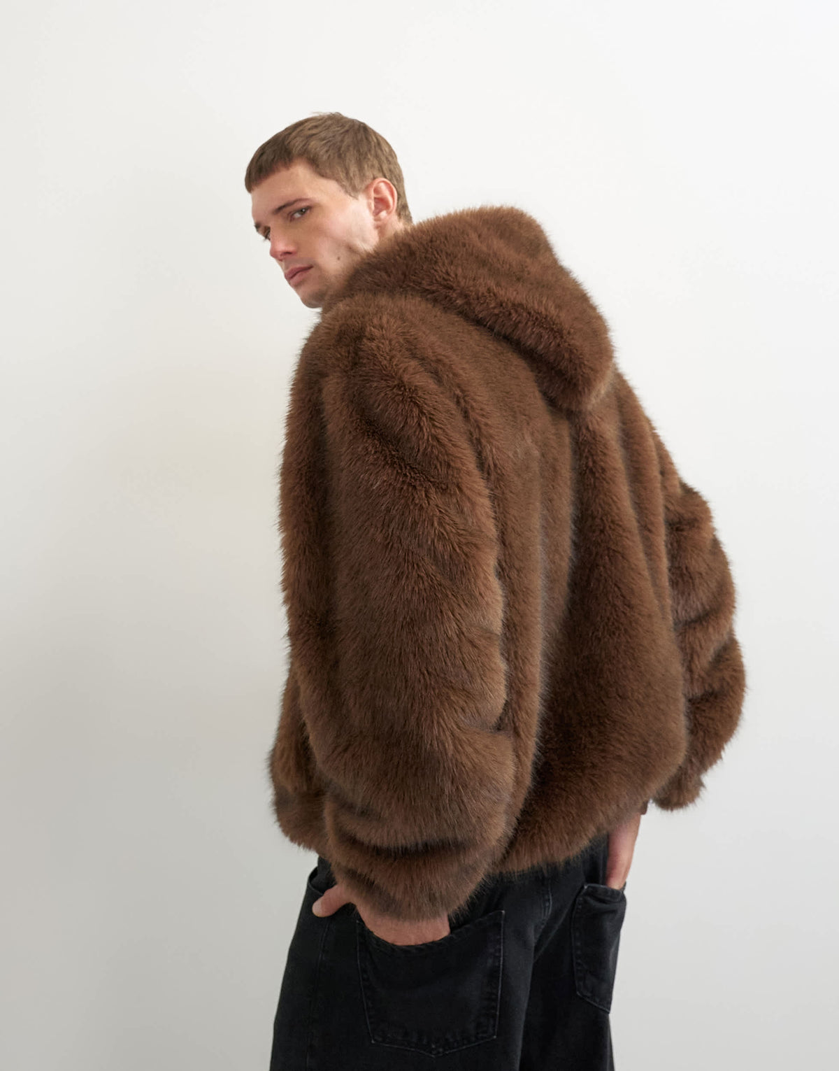 Topman oversized fit faux fur hooded jacket in brown