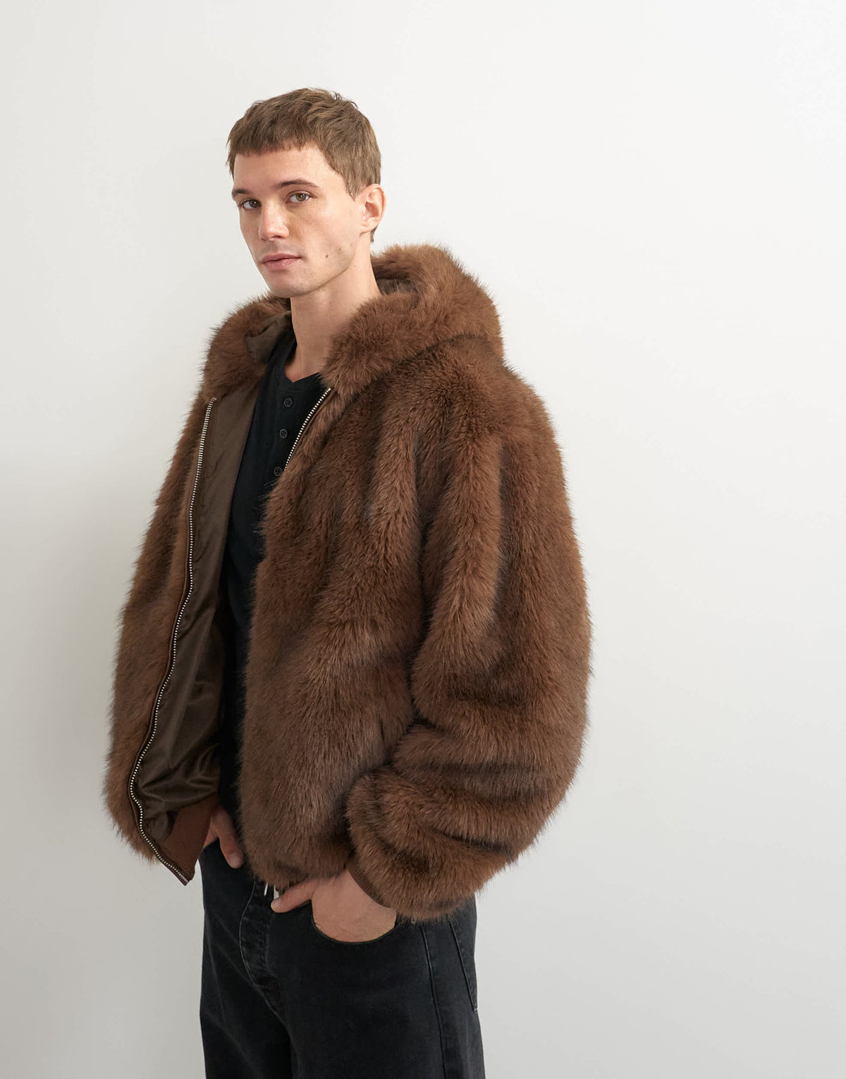 Topman oversized fit faux fur hooded jacket in brown