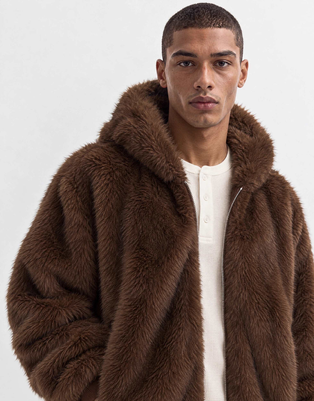 Topman oversized fit faux fur hooded jacket in brown