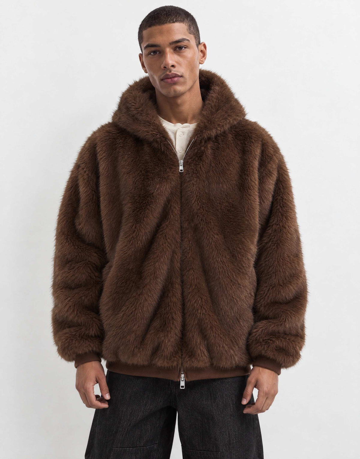 Topman oversized fit faux fur hooded jacket in brown
