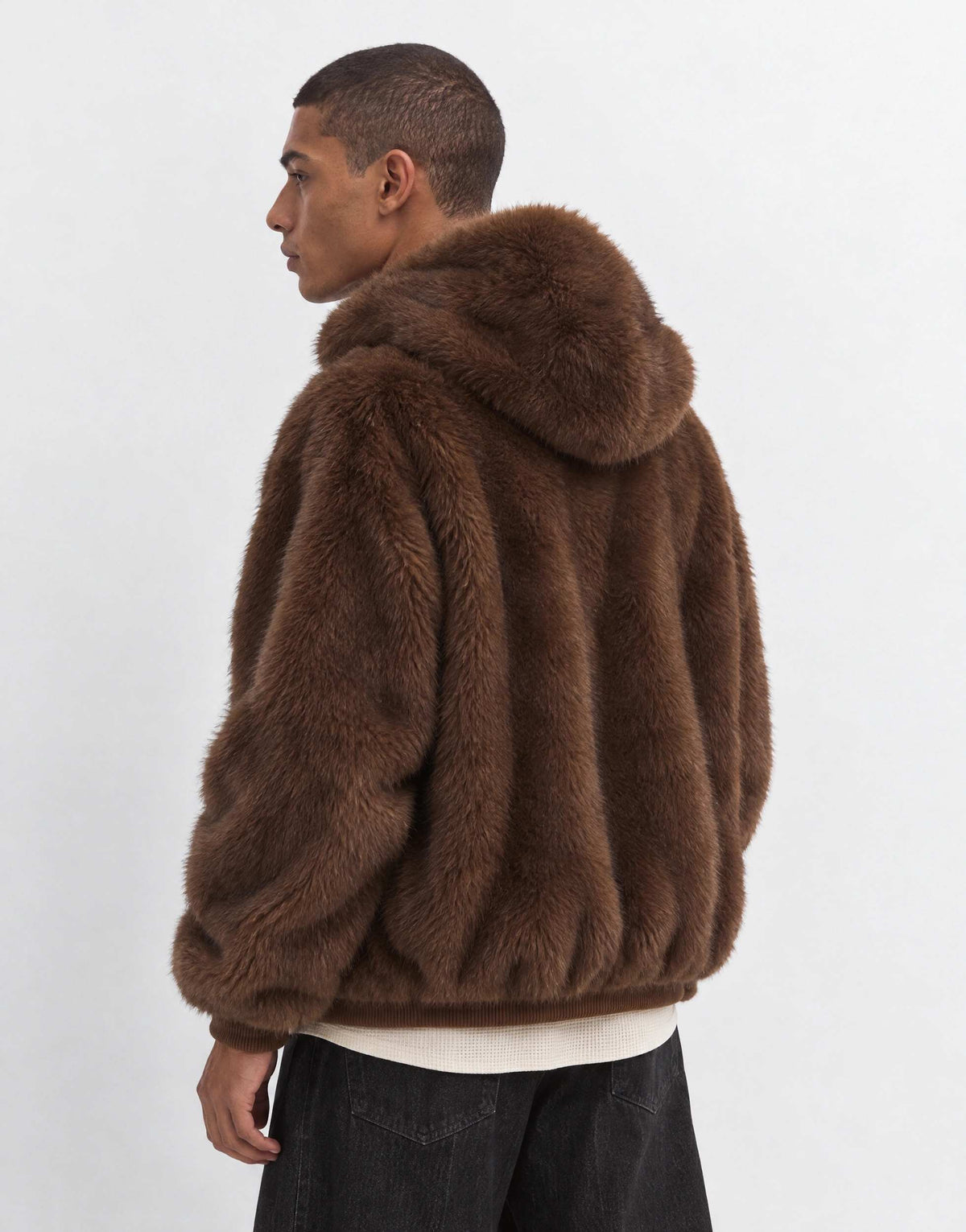 Topman oversized fit faux fur hooded jacket in brown