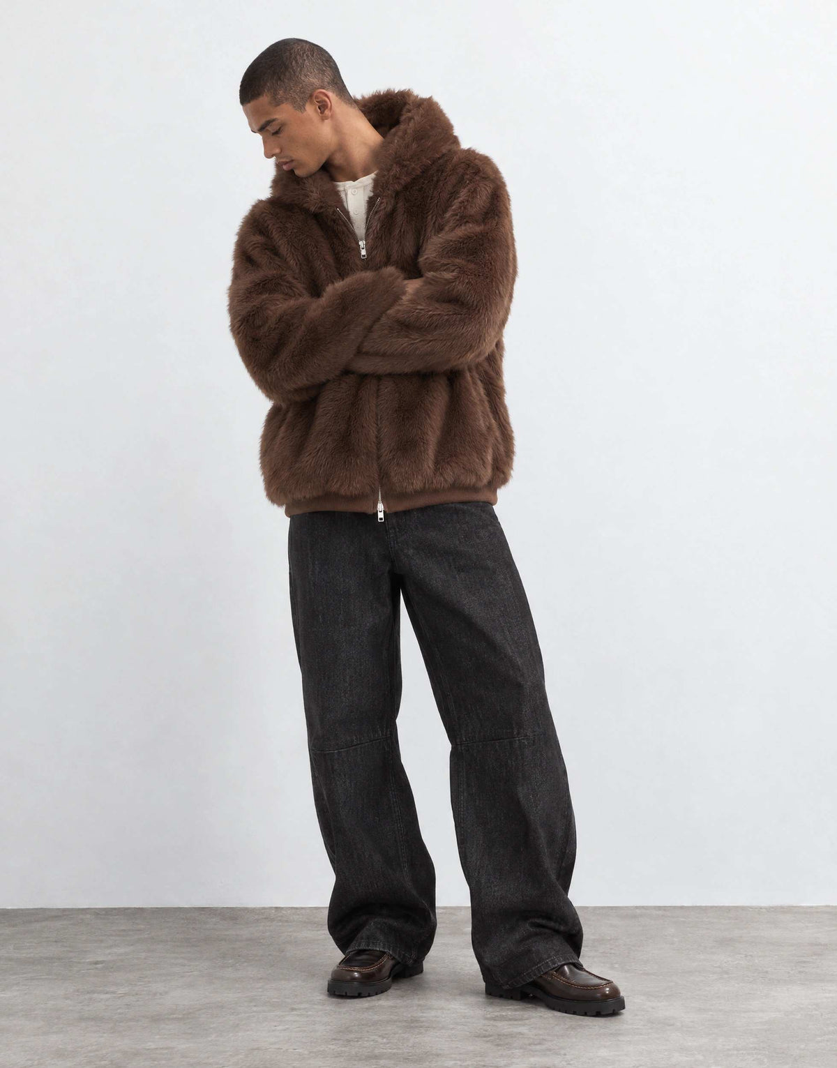 Topman oversized fit faux fur hooded jacket in brown