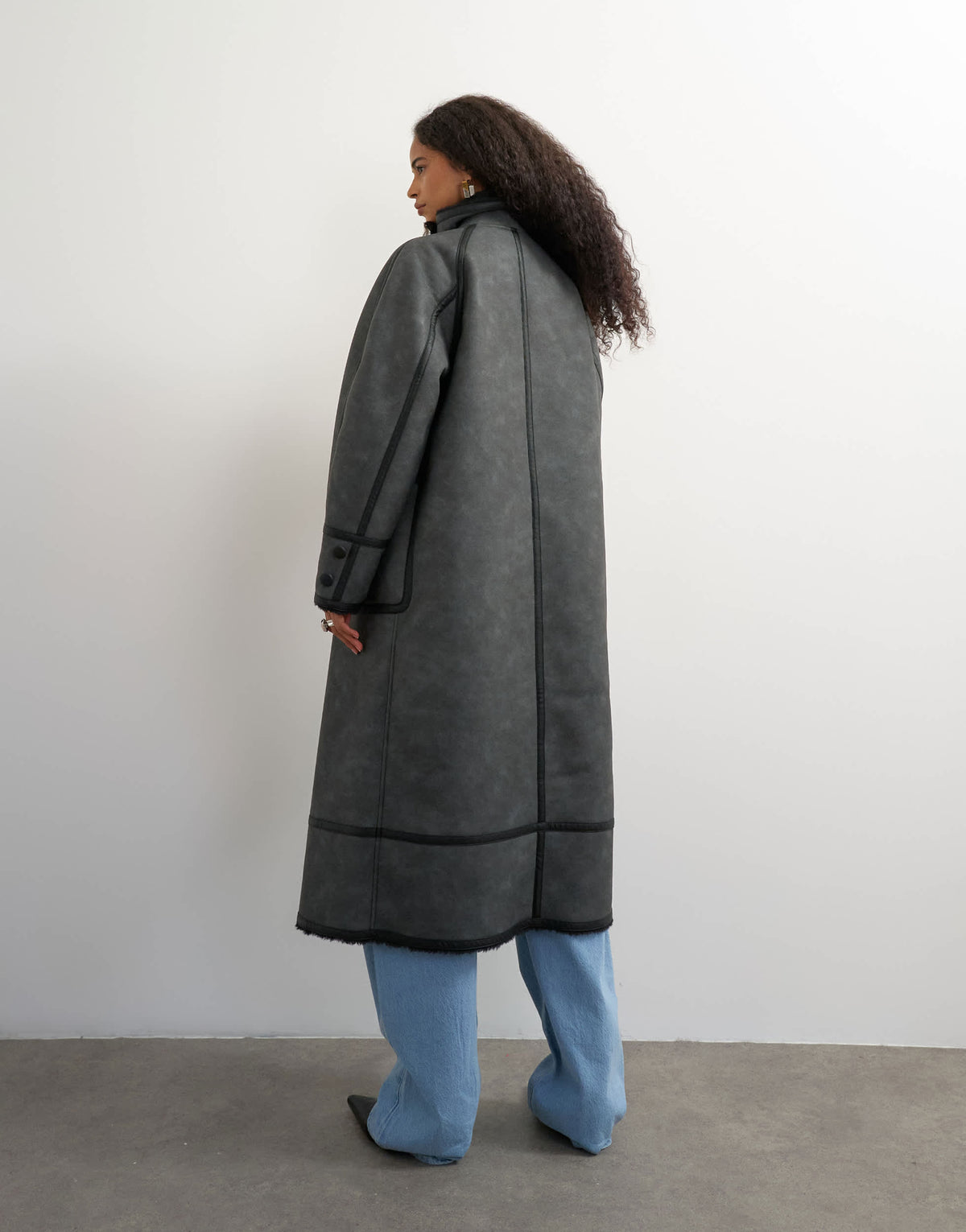 Topshop longline faux leather funnel neck coat in black