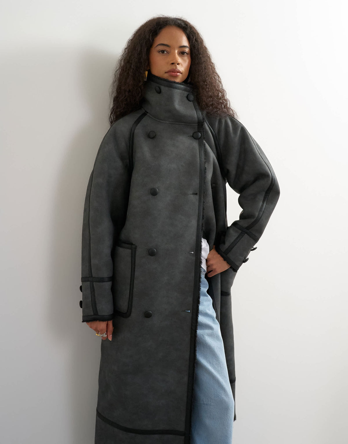 Topshop longline faux leather funnel neck coat in black