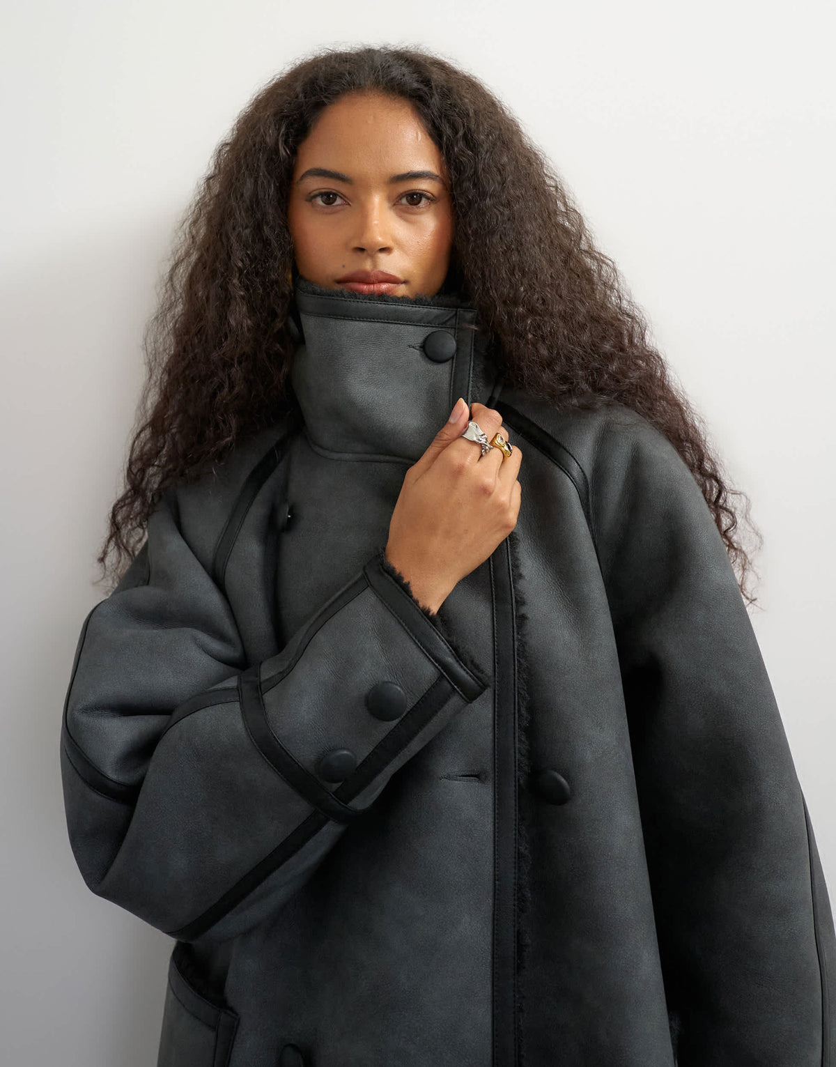 Topshop longline faux leather funnel neck coat in black
