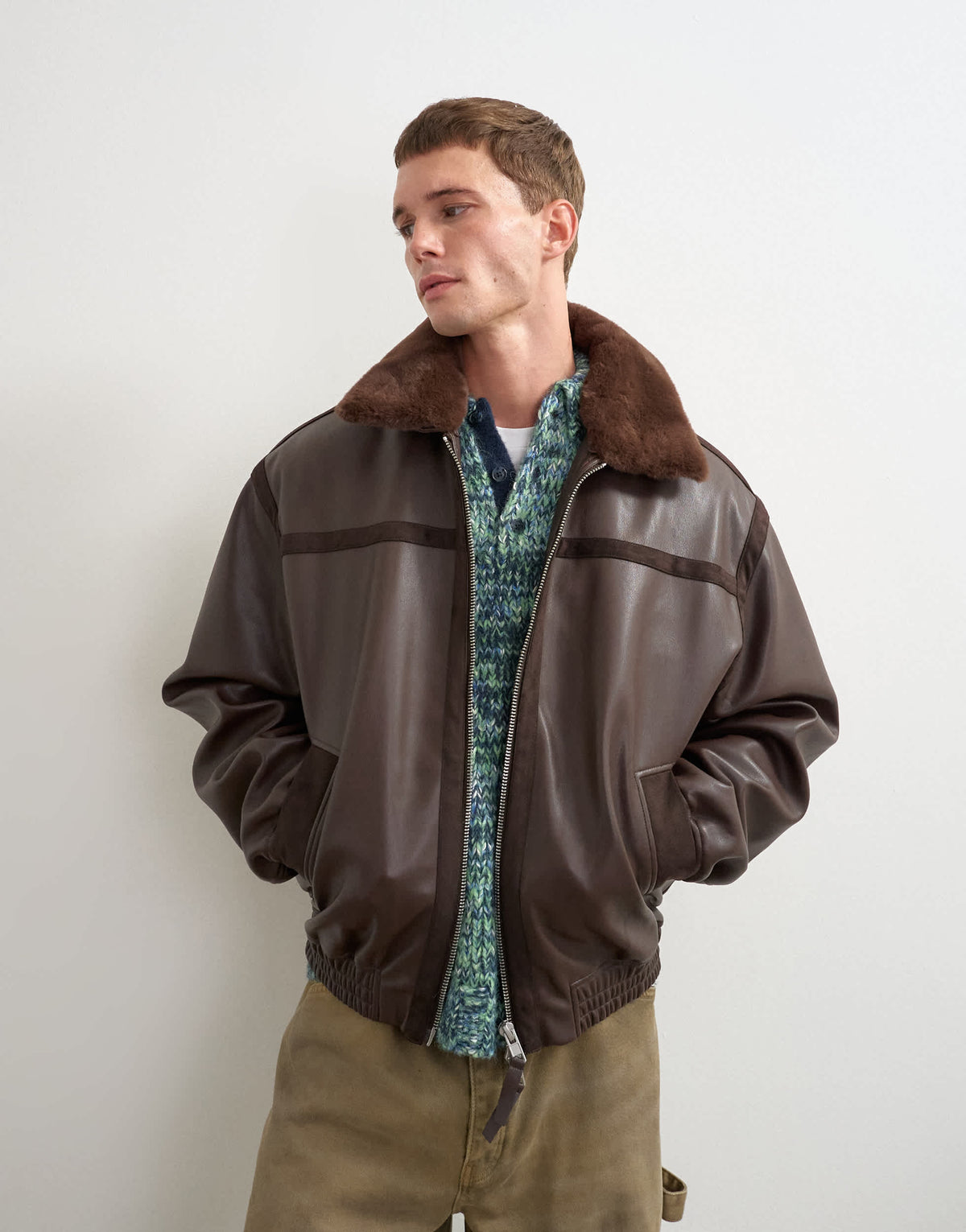 Topman classic fit faux leather bomber jacket with detachable faux fur collar in chocolate brown
