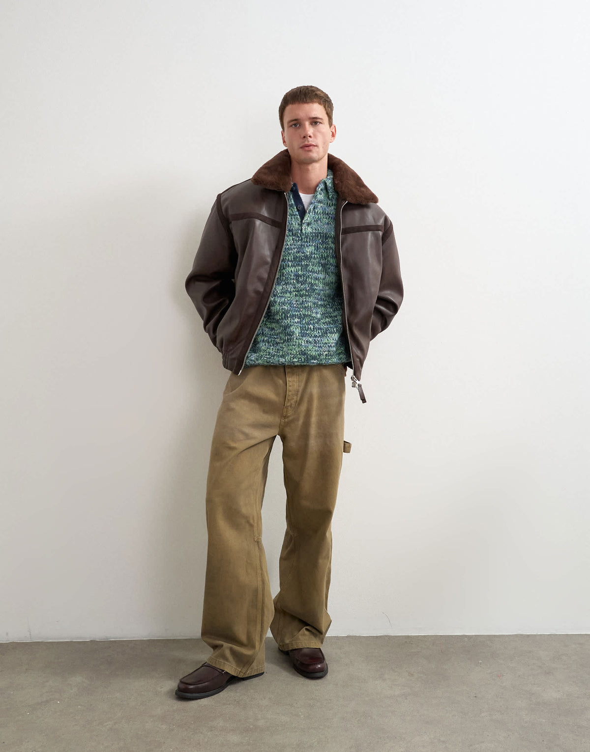 Topman classic fit faux leather bomber jacket with detachable faux fur collar in chocolate brown