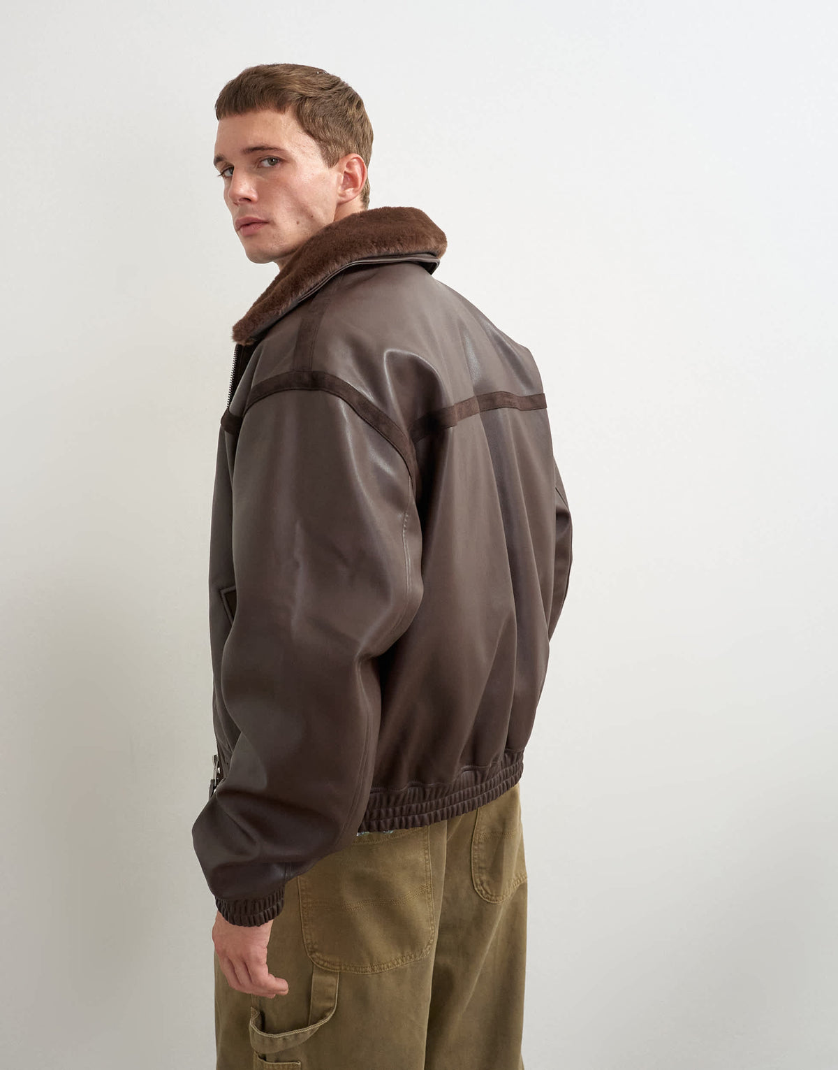 Topman classic fit faux leather bomber jacket with detachable faux fur collar in chocolate brown
