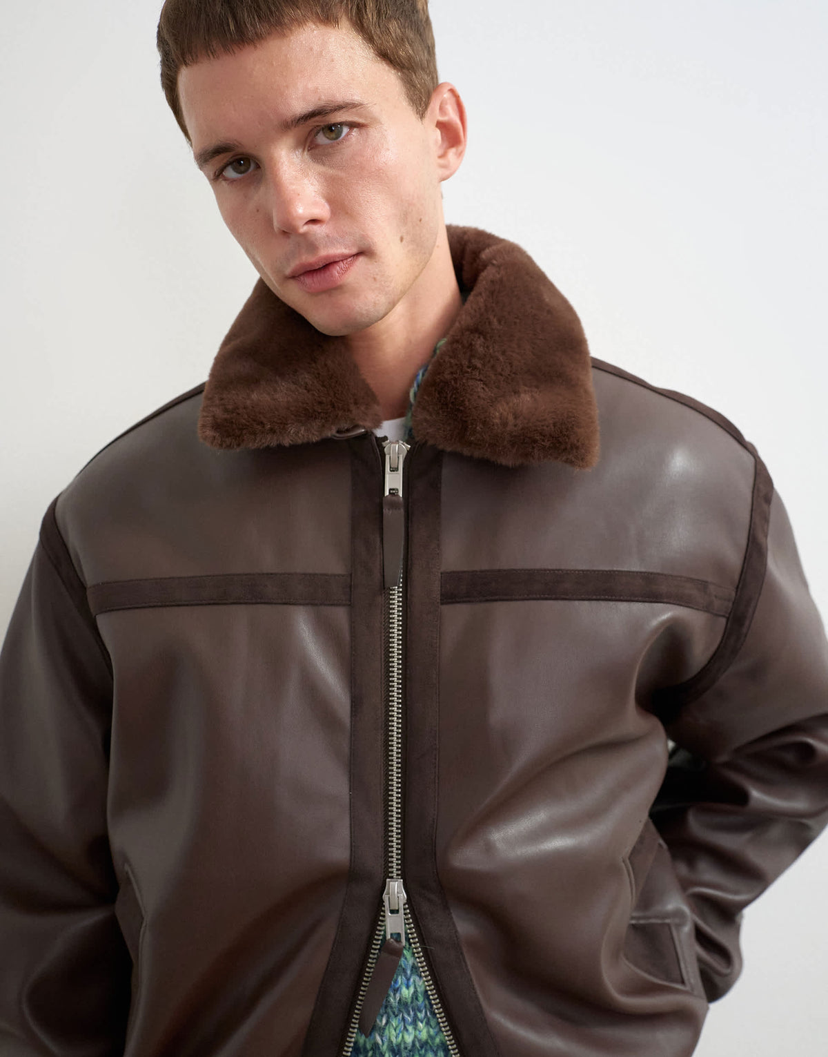 Topman classic fit faux leather bomber jacket with detachable faux fur collar in chocolate brown