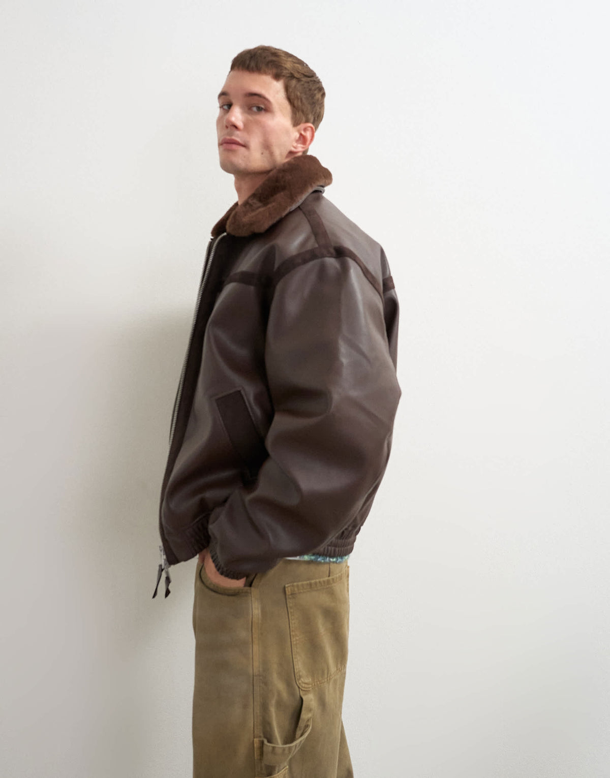 Topman classic fit faux leather bomber jacket with detachable faux fur collar in chocolate brown