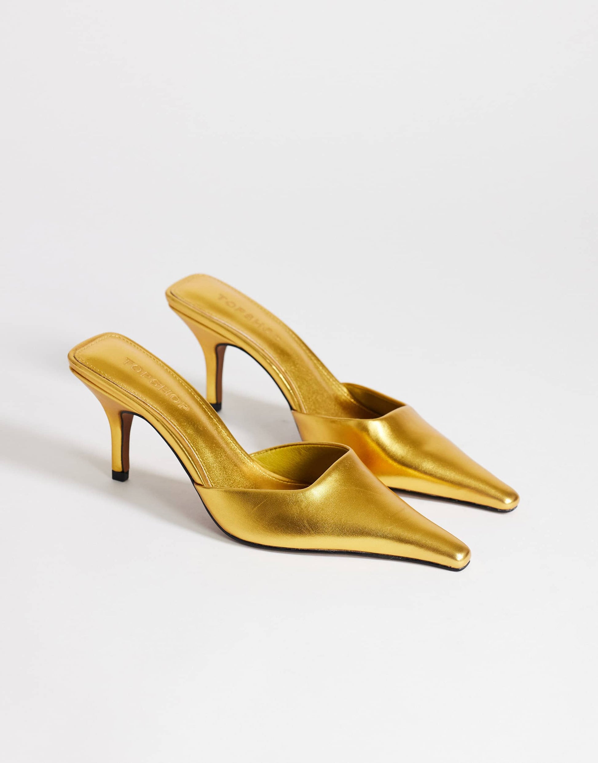 Topshop Alfie pointed mid heeled court in gold