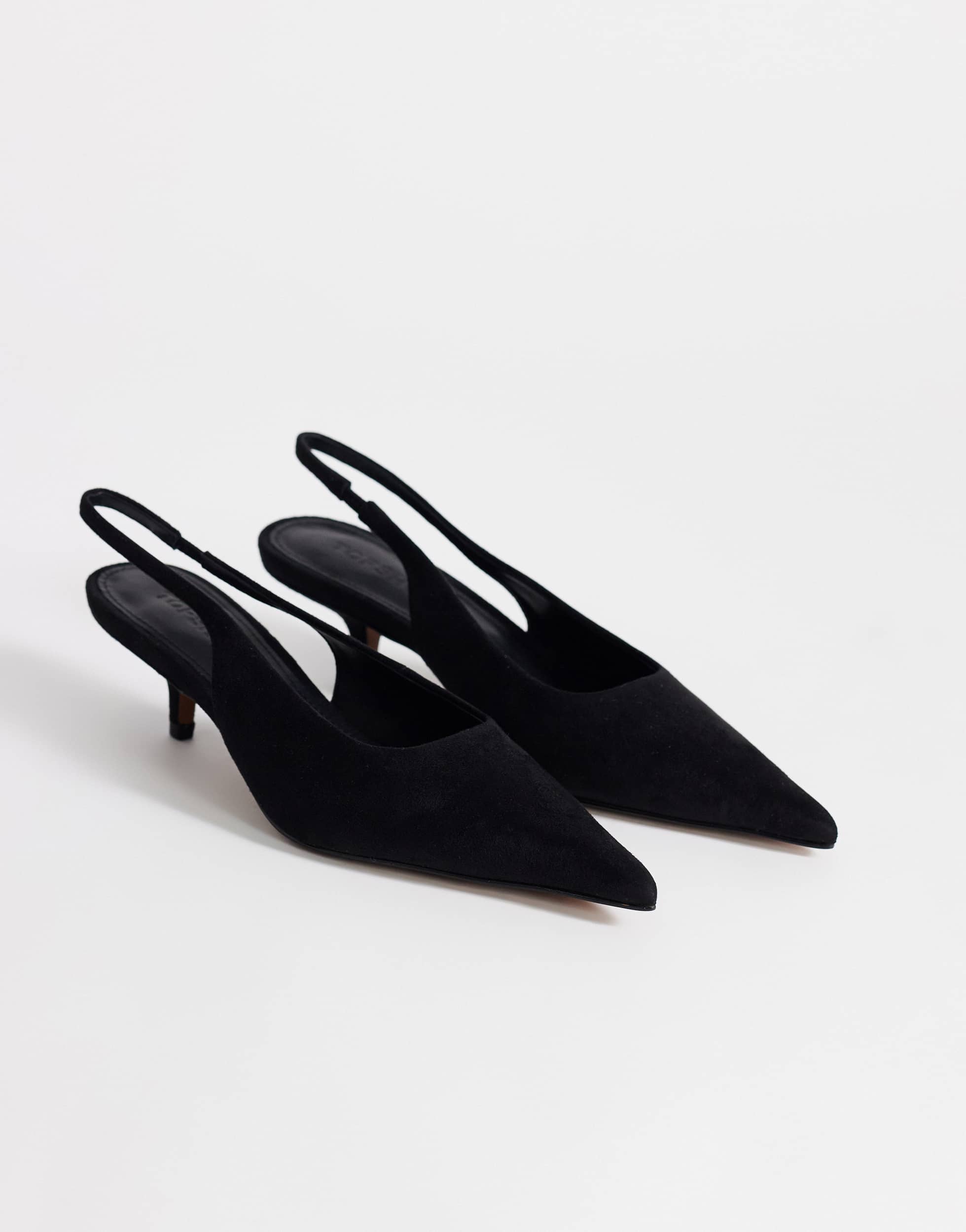 Topshop Ali kitten heel sling back court in black faux suede