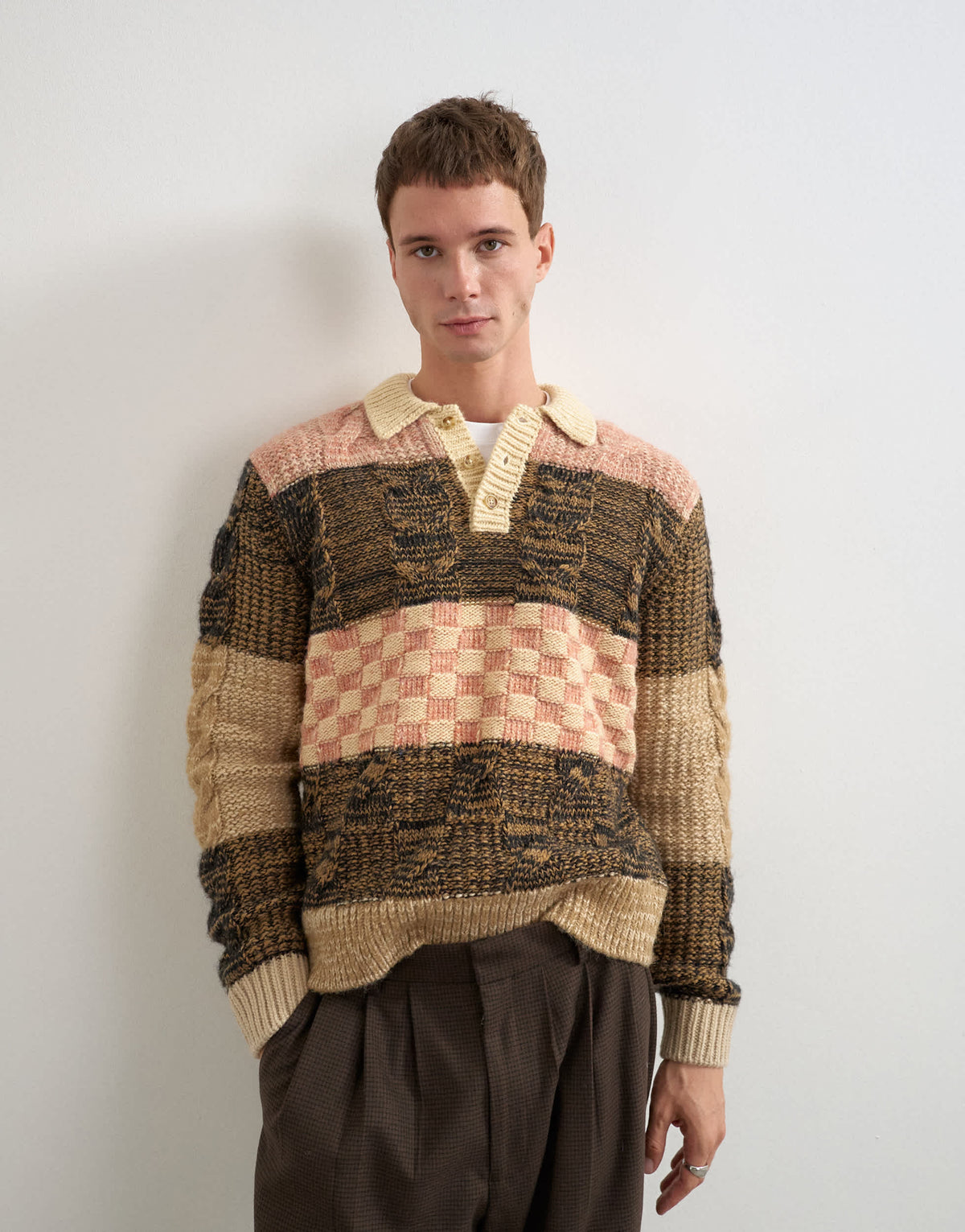Topman relaxed fit knitted polo with patchwork design in brown