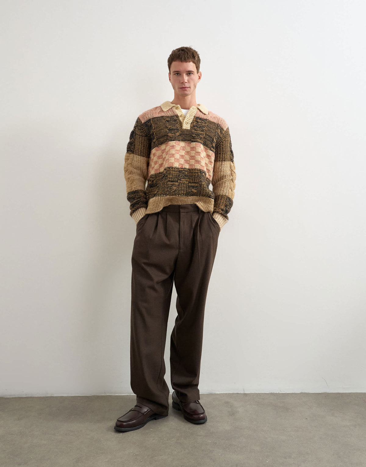 Topman relaxed fit knitted polo with patchwork design in brown