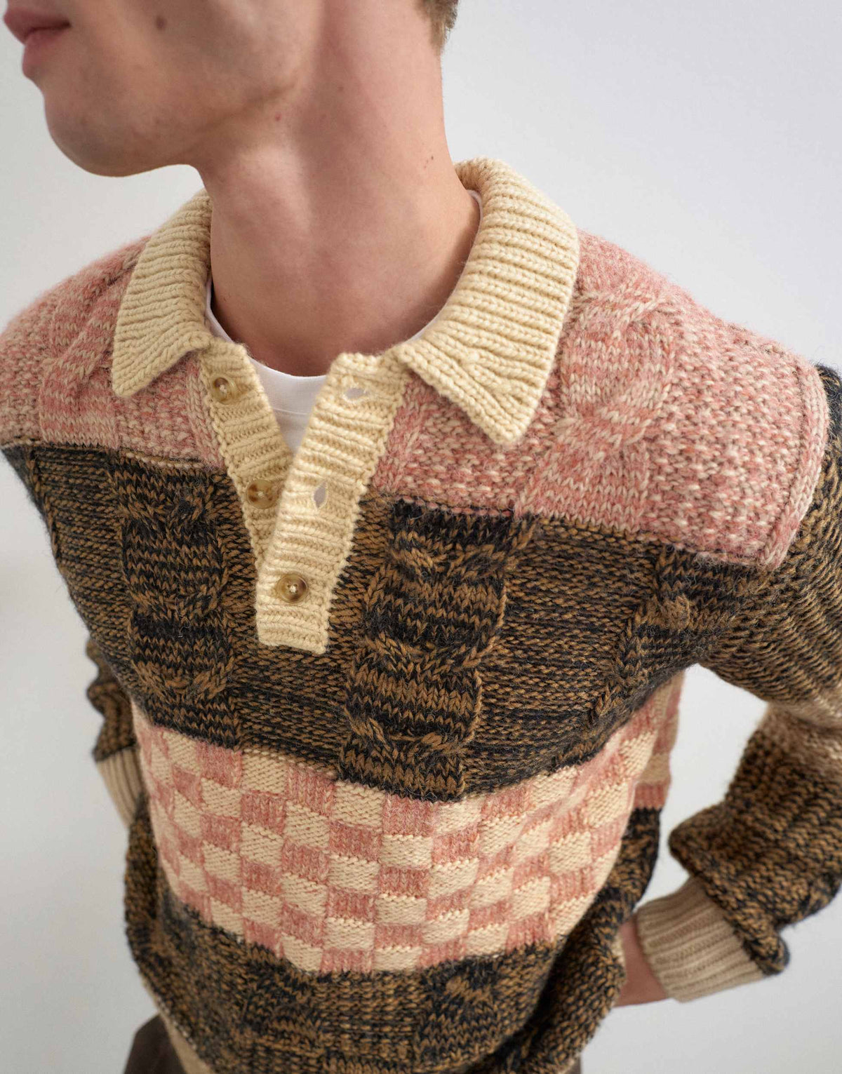 Topman relaxed fit knitted polo with patchwork design in brown