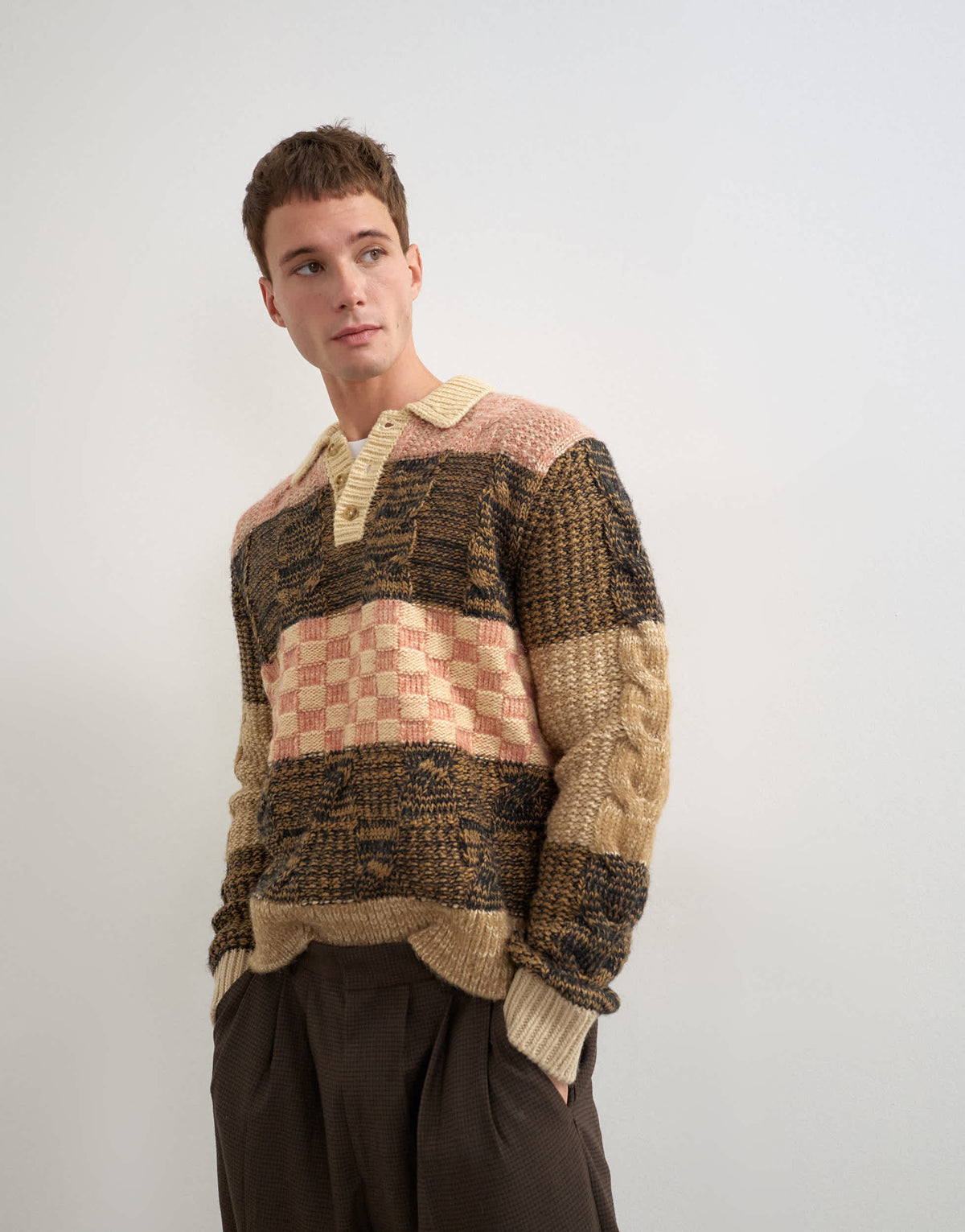 Topman relaxed fit knitted polo with patchwork design in brown