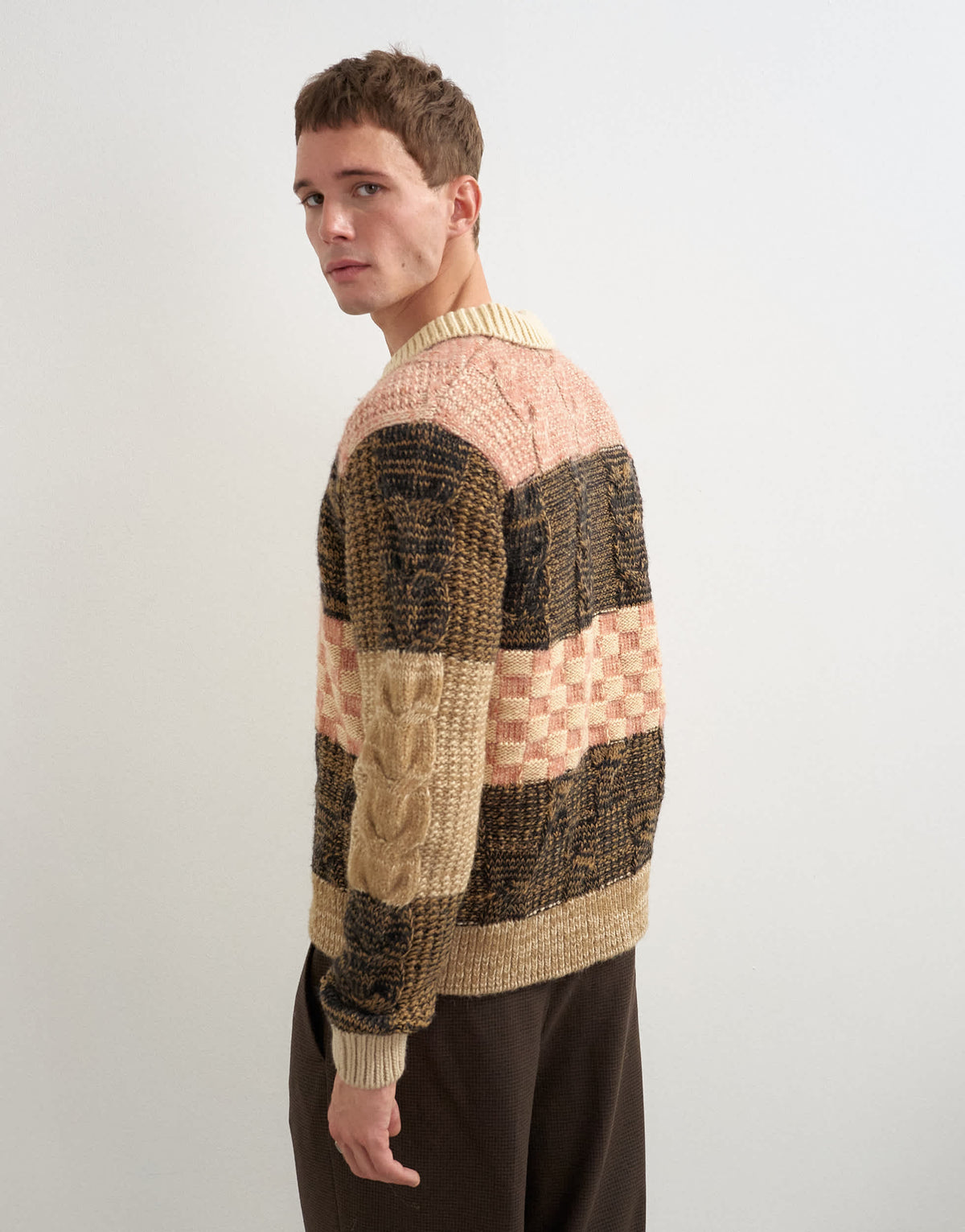 Topman relaxed fit knitted polo with patchwork design in brown