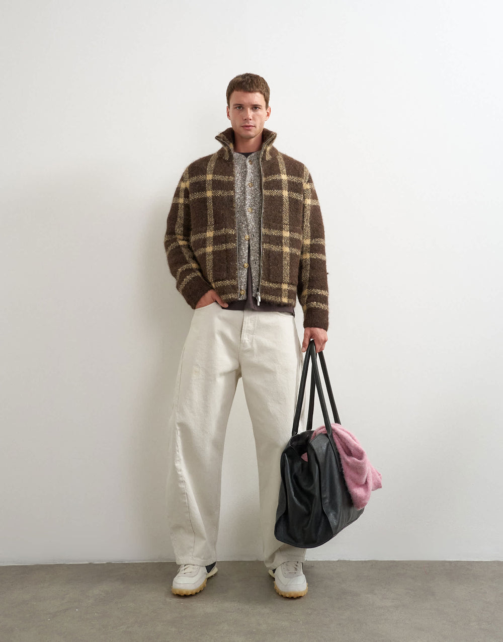 Topman relaxed fit check knitted zip through jumper in brown