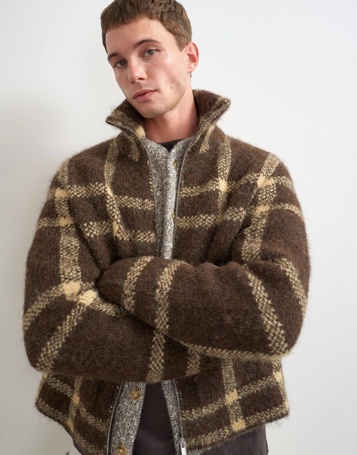 Topman relaxed fit check knitted zip through jumper in brown