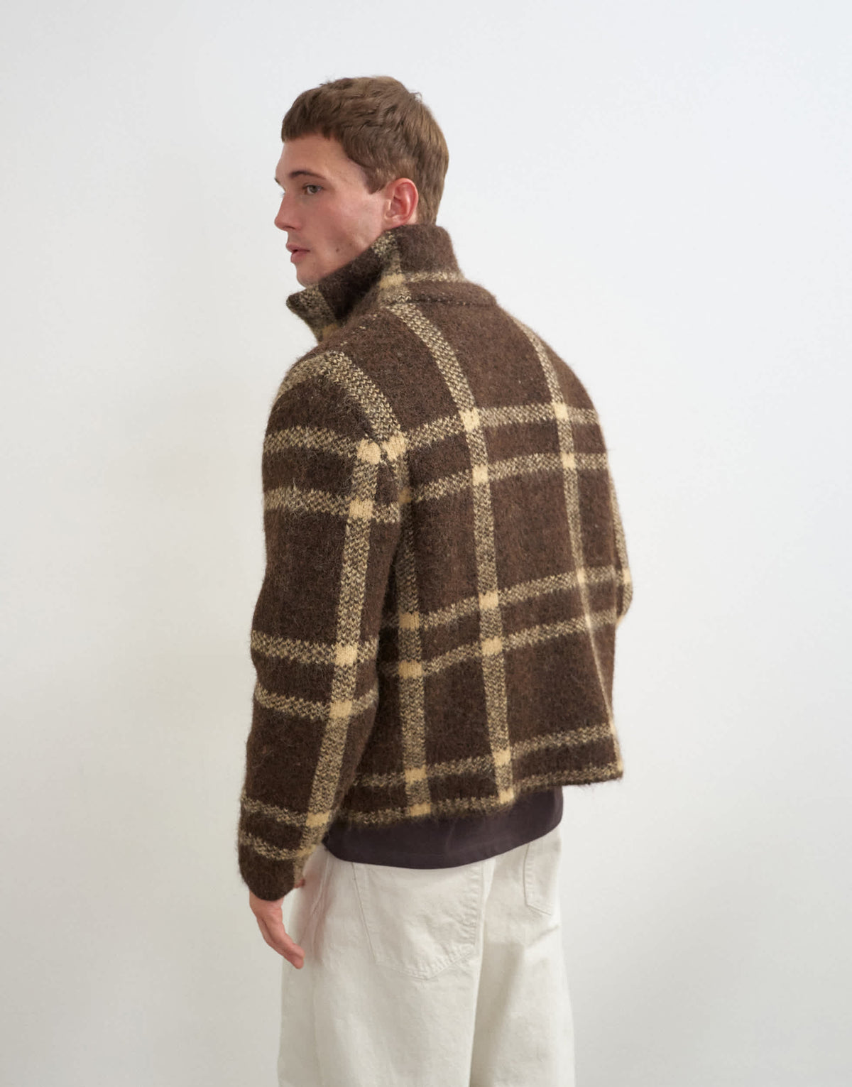 Topman relaxed fit check knitted zip through jumper in brown