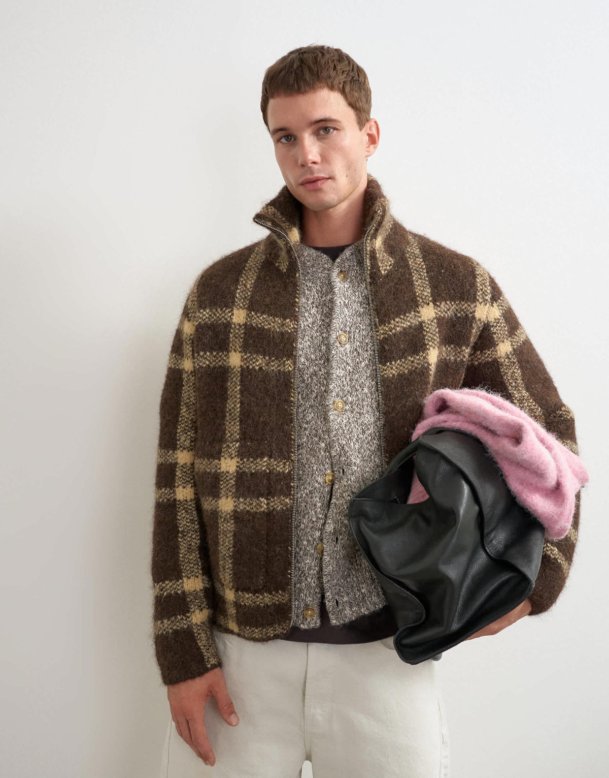 Topman relaxed fit check knitted zip through jumper in brown