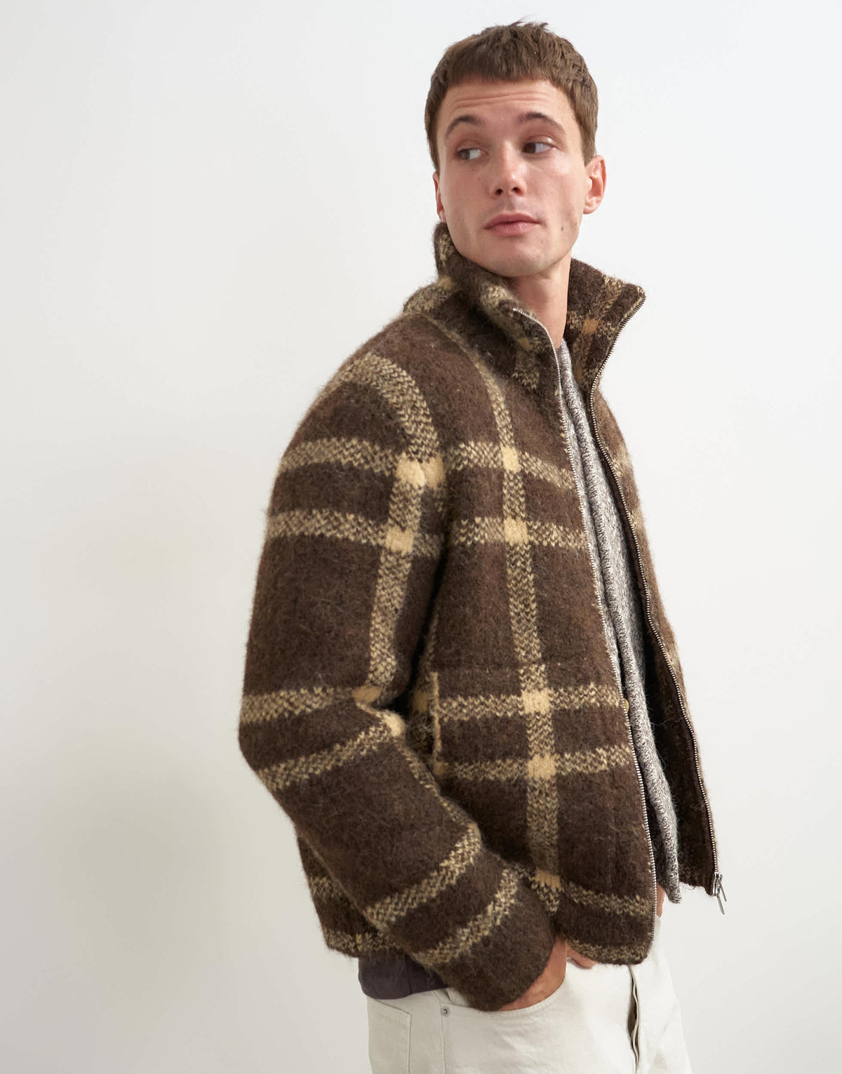 Topman relaxed fit check knitted zip through jumper in brown