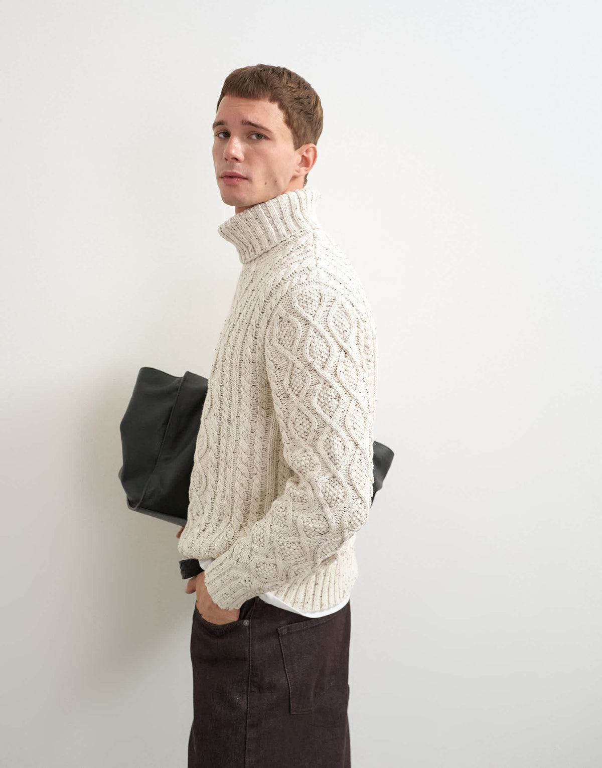 Topman relaxed fit cable knitted roll neck jumper in ecru