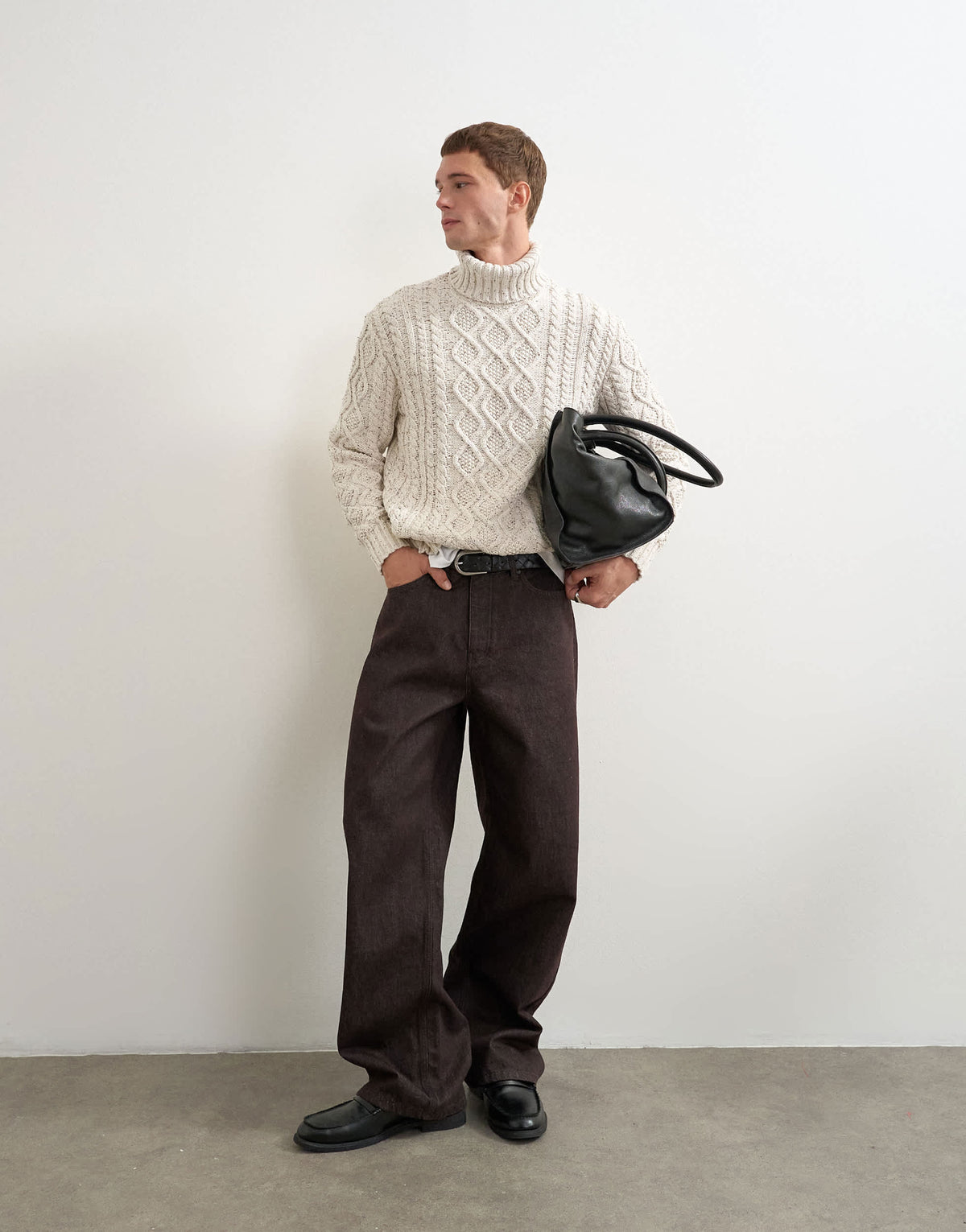 Topman relaxed fit cable knitted roll neck jumper in ecru