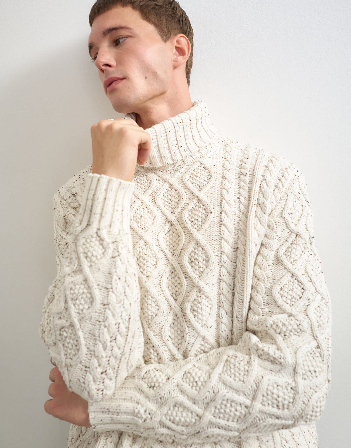Topman relaxed fit cable knitted roll neck jumper in ecru