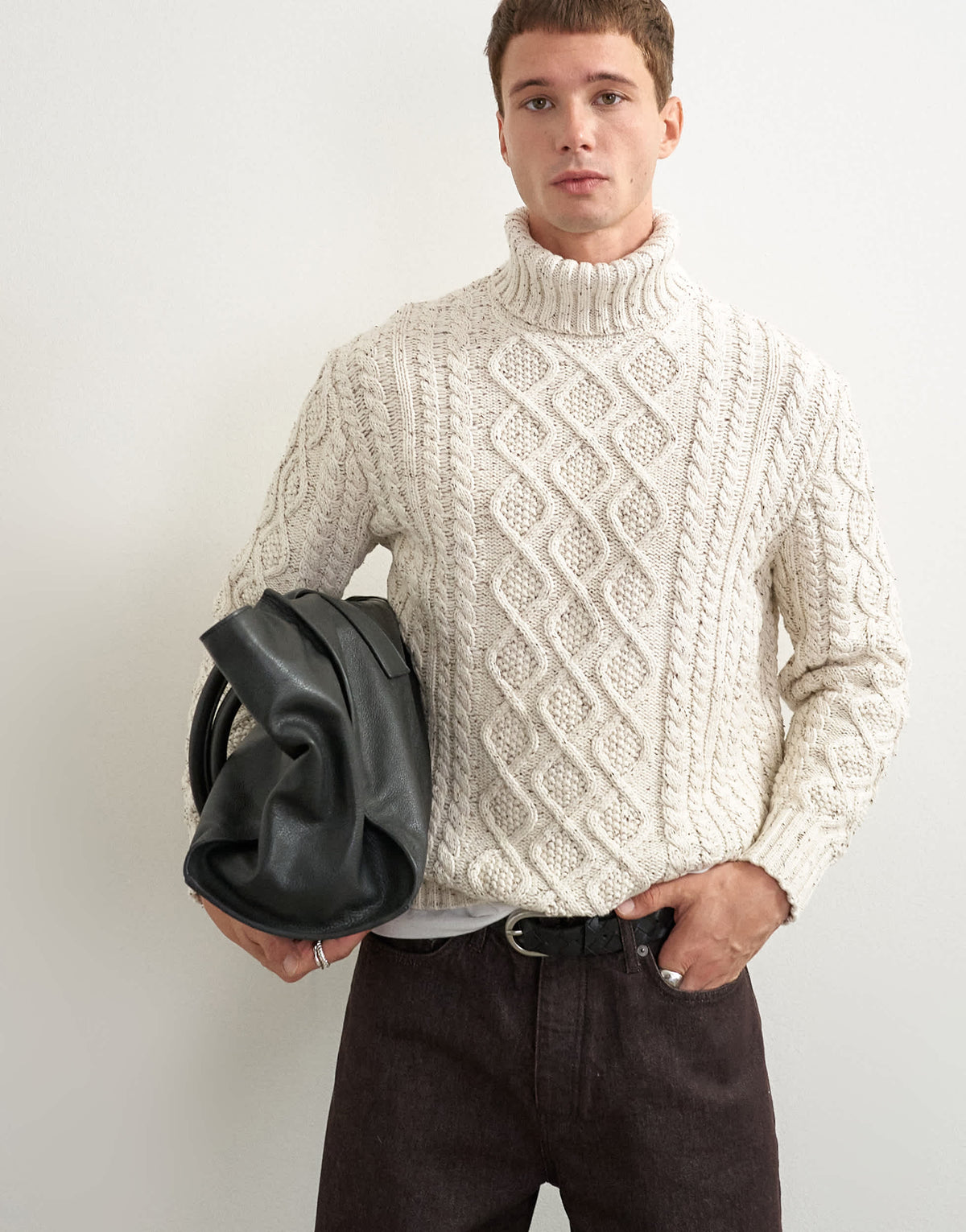Topman relaxed fit cable knitted roll neck jumper in ecru