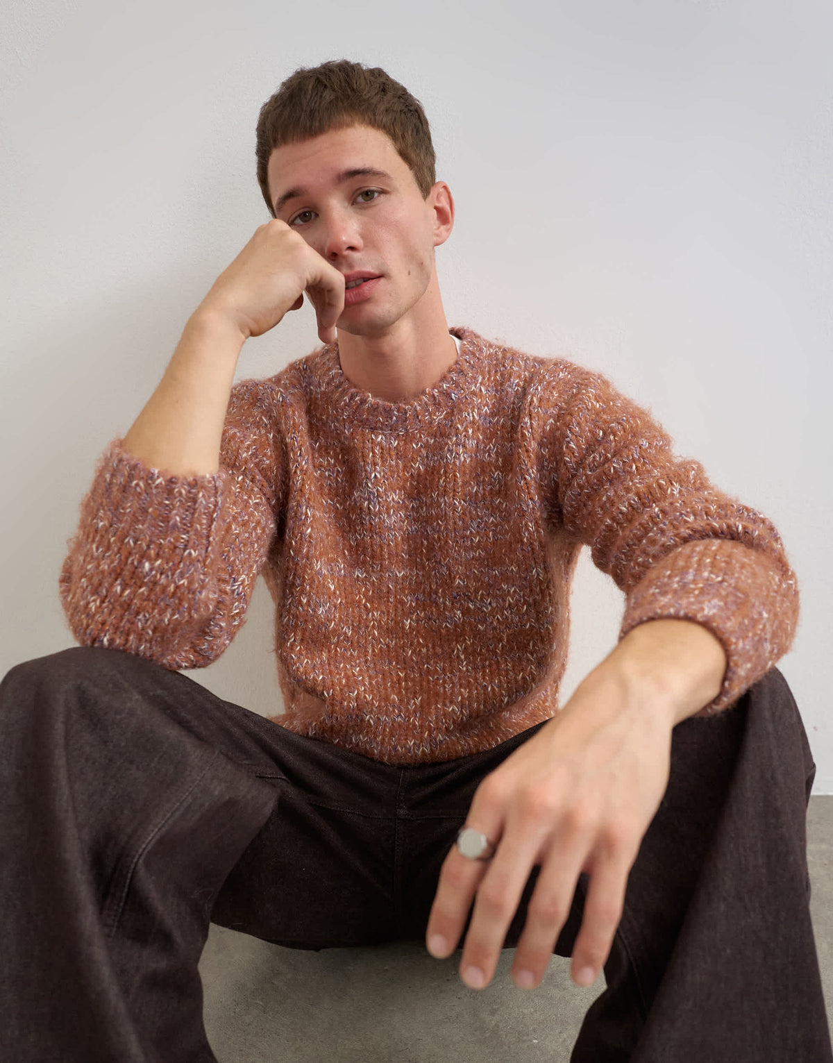 Topman relaxed fit textured knitted crew neck jumper in mauve
