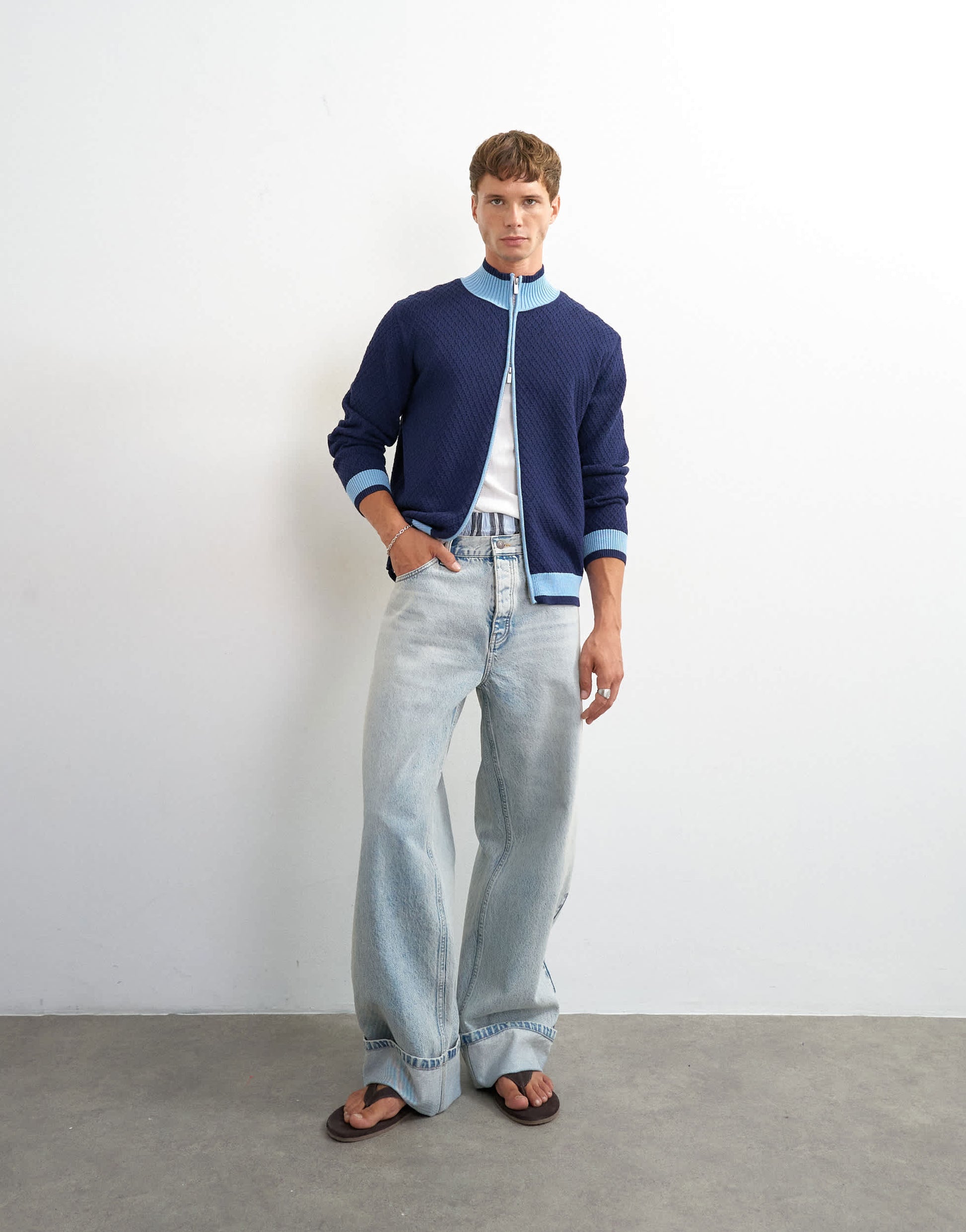 Topman rigid baggy fit jean with turn-up in light wash