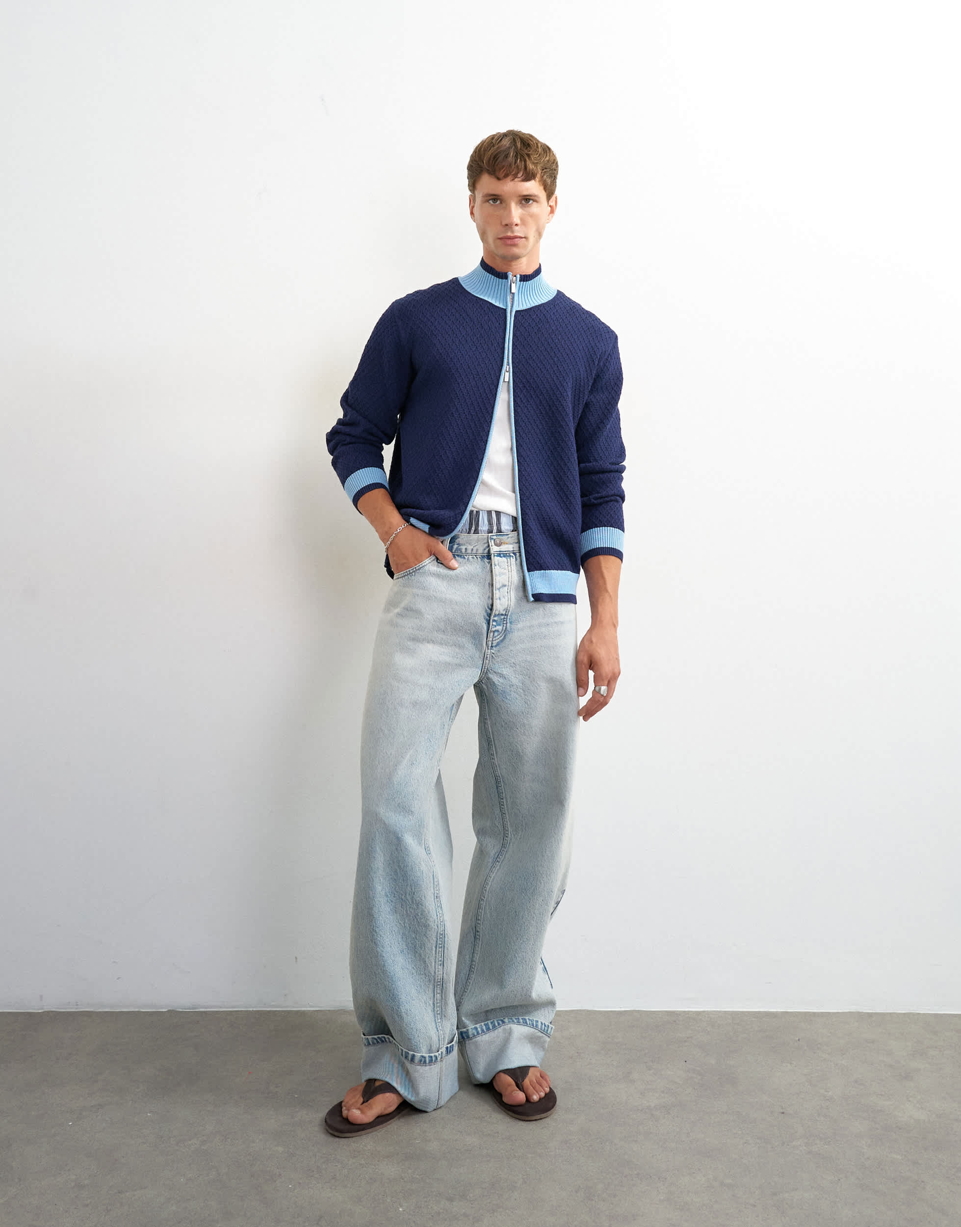 Topman rigid baggy fit jean with turn-up in light wash