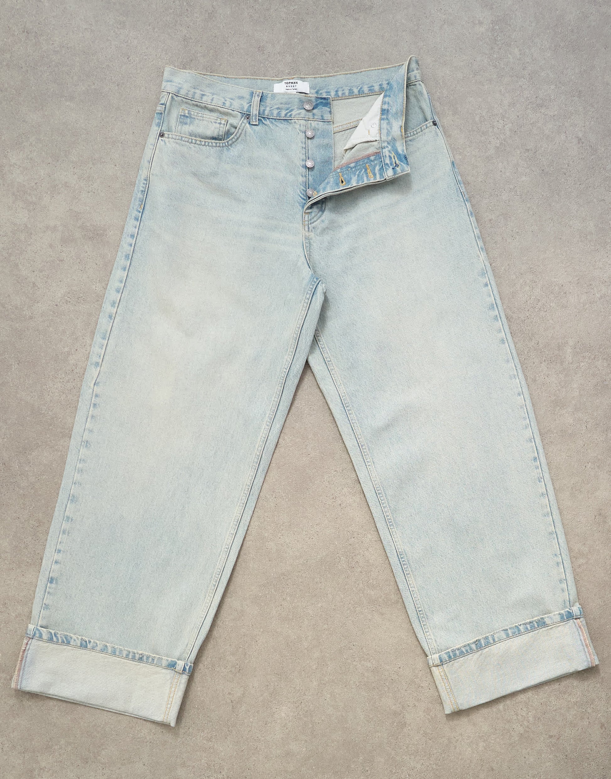 Topman rigid baggy fit jean with turn-up in light wash