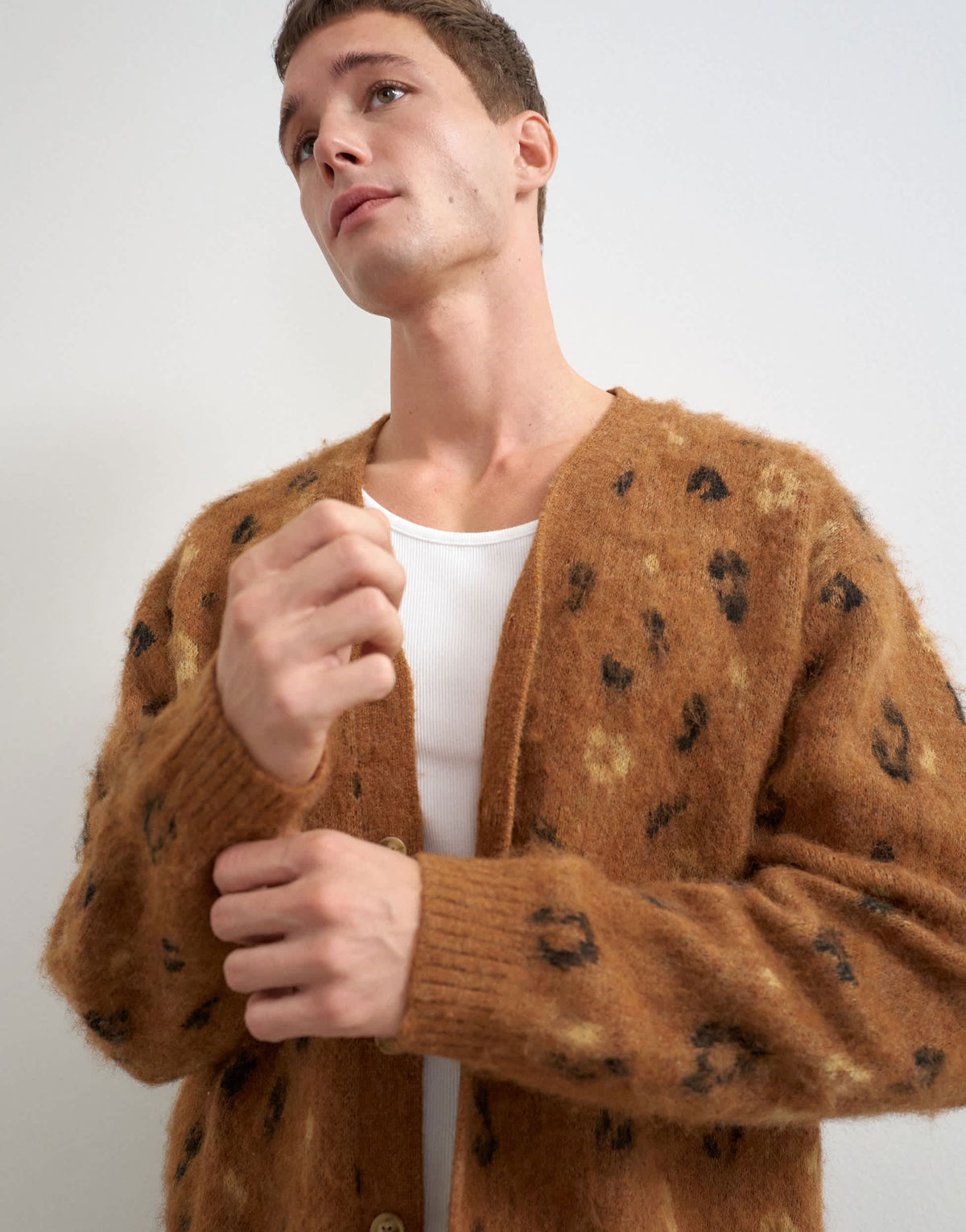 Topman relaxed fit leapord print knitted cardigan in tan
