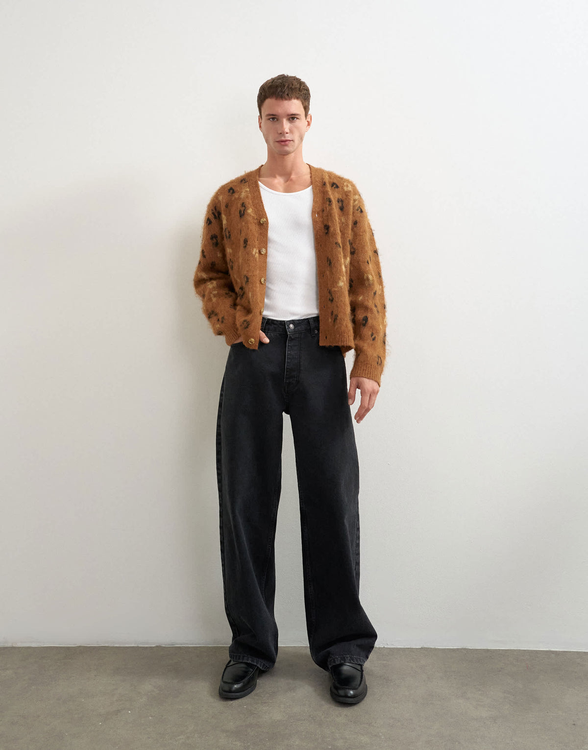 Topman relaxed fit leapord print knitted cardigan in tan