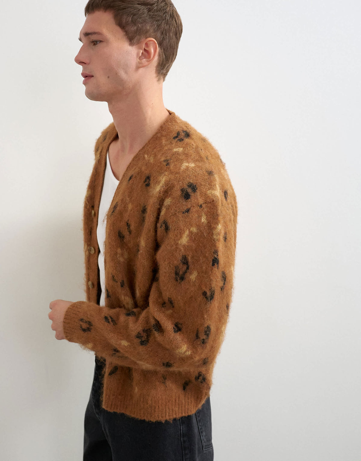 Topman relaxed fit leapord print knitted cardigan in tan