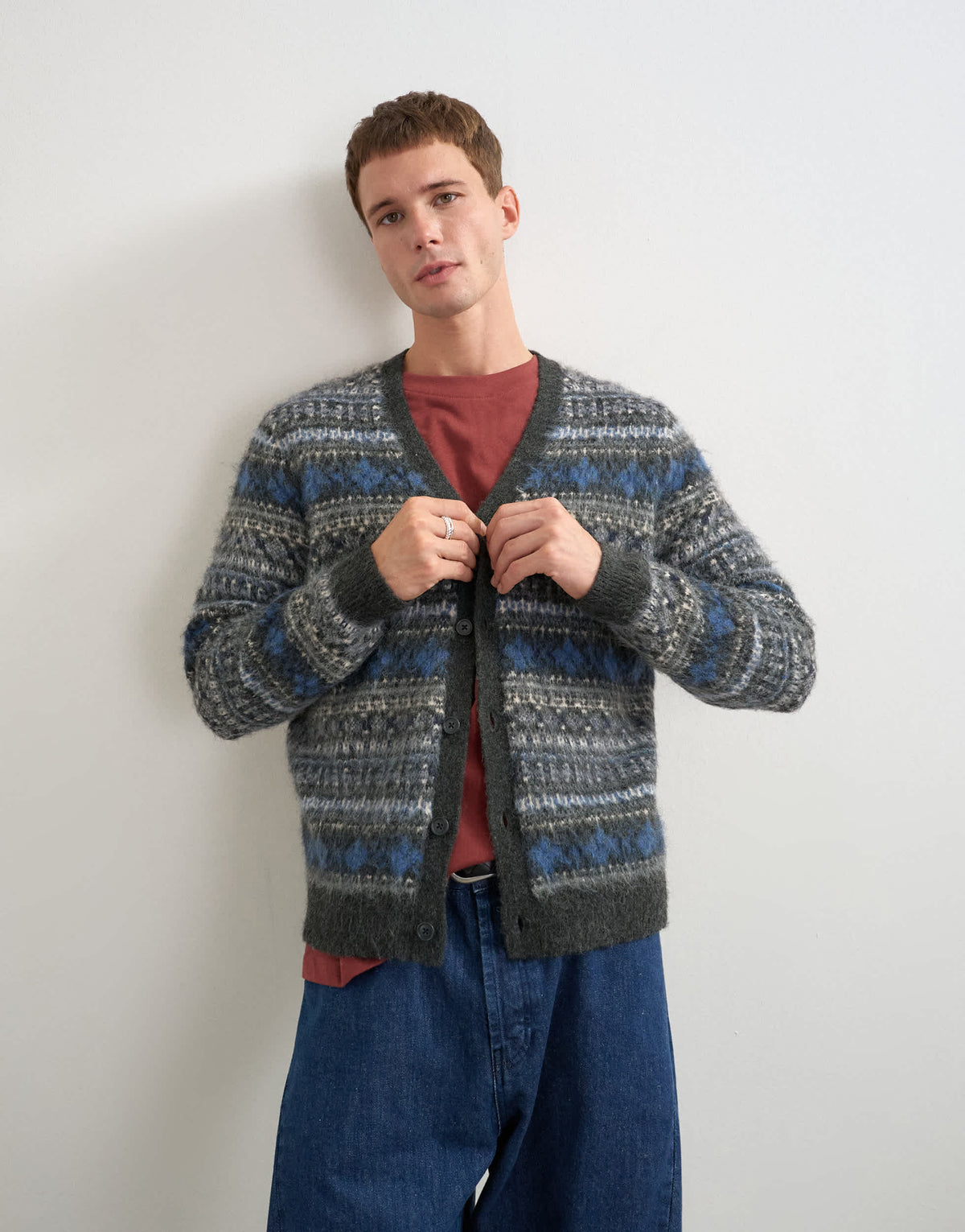 Topman relaxed fit brushed striped knitted cardigan in grey