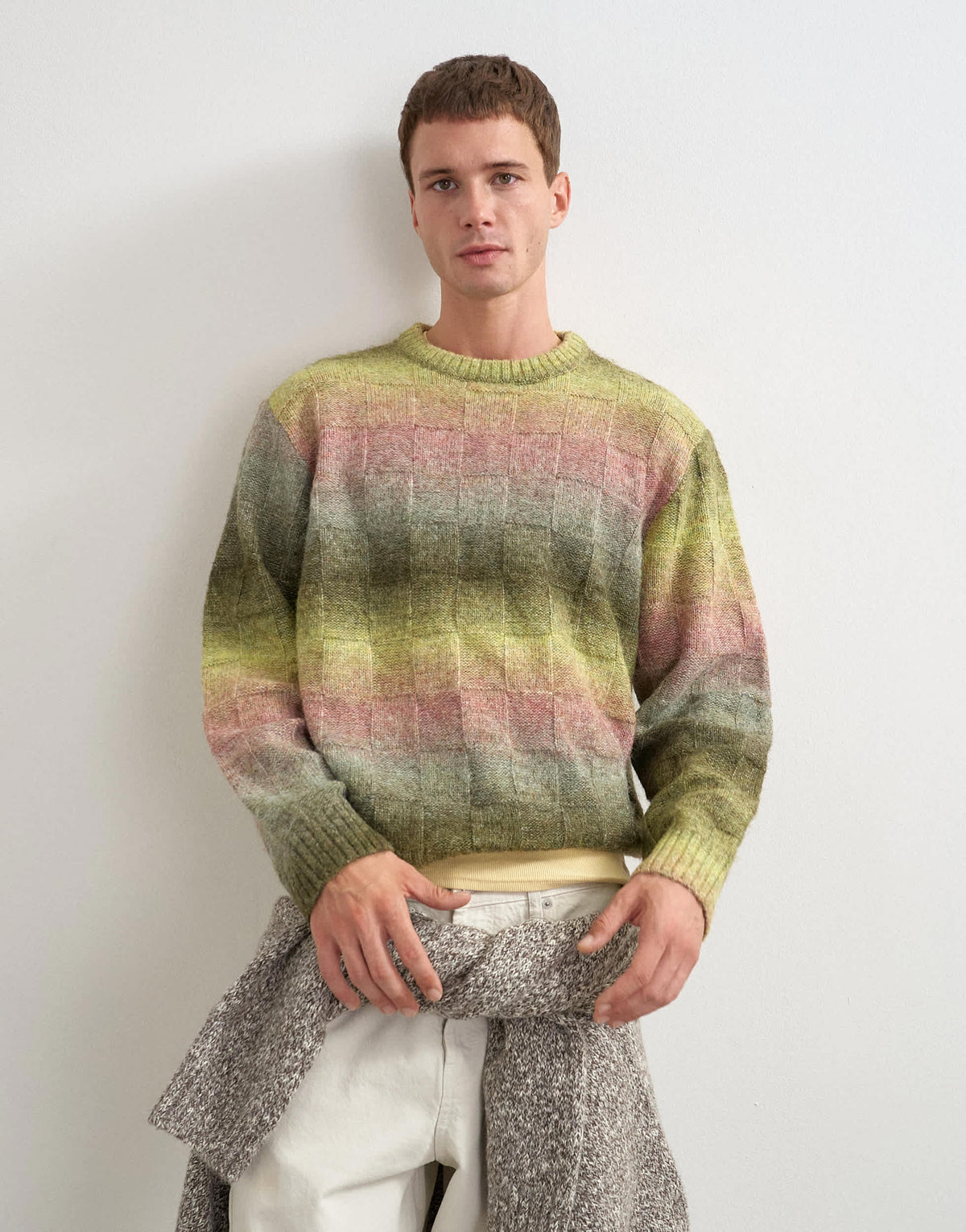 Topman relaxed fit knitted space dye knitted jumper with check design in green