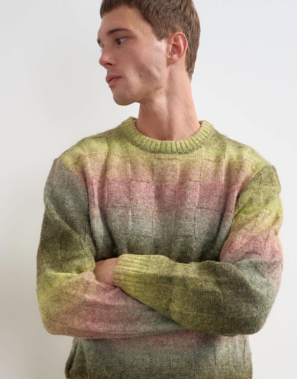 Topman relaxed fit knitted space dye knitted jumper with check design in green