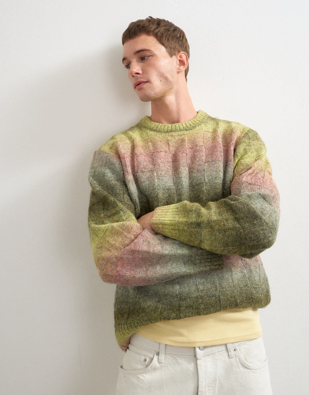 Topman relaxed fit knitted space dye knitted jumper with check design in green