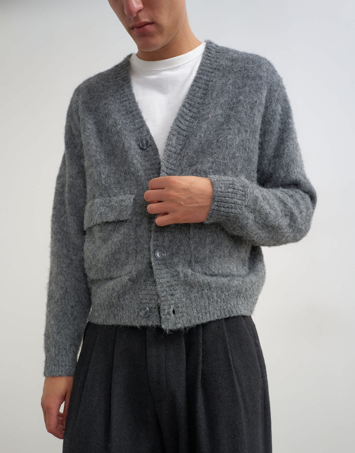 Topman relaxed fit fluffy double pocket knitted cardigan in grey