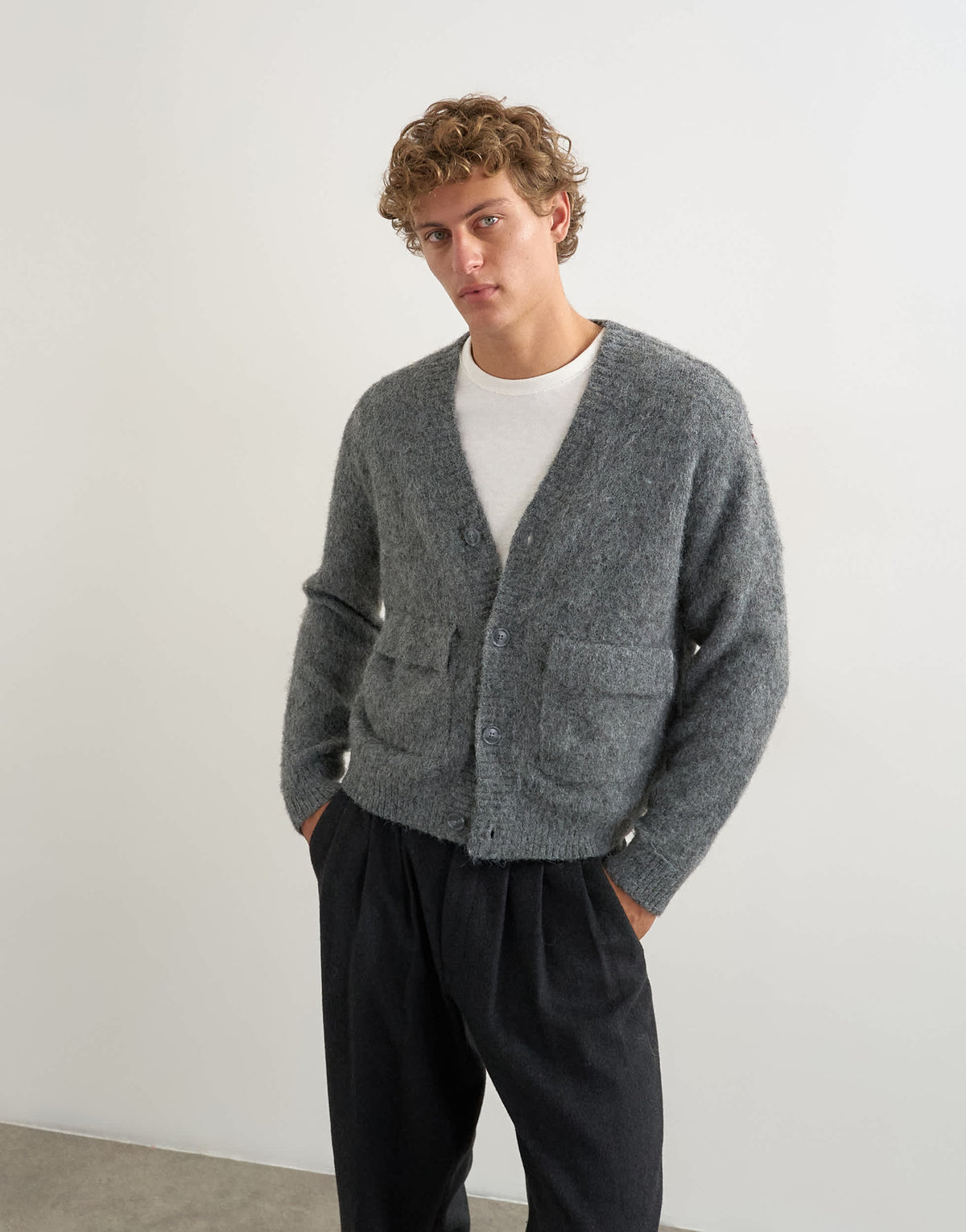 Topman relaxed fit fluffy double pocket knitted cardigan in grey