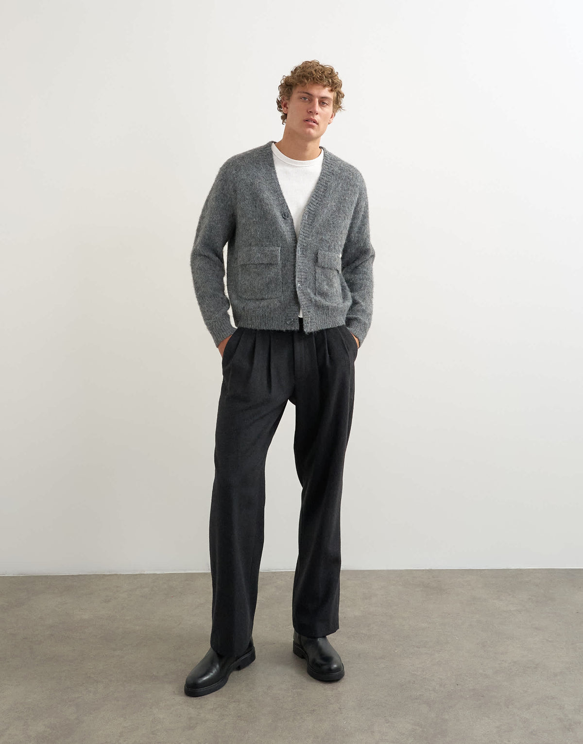 Topman relaxed fit fluffy double pocket knitted cardigan in grey